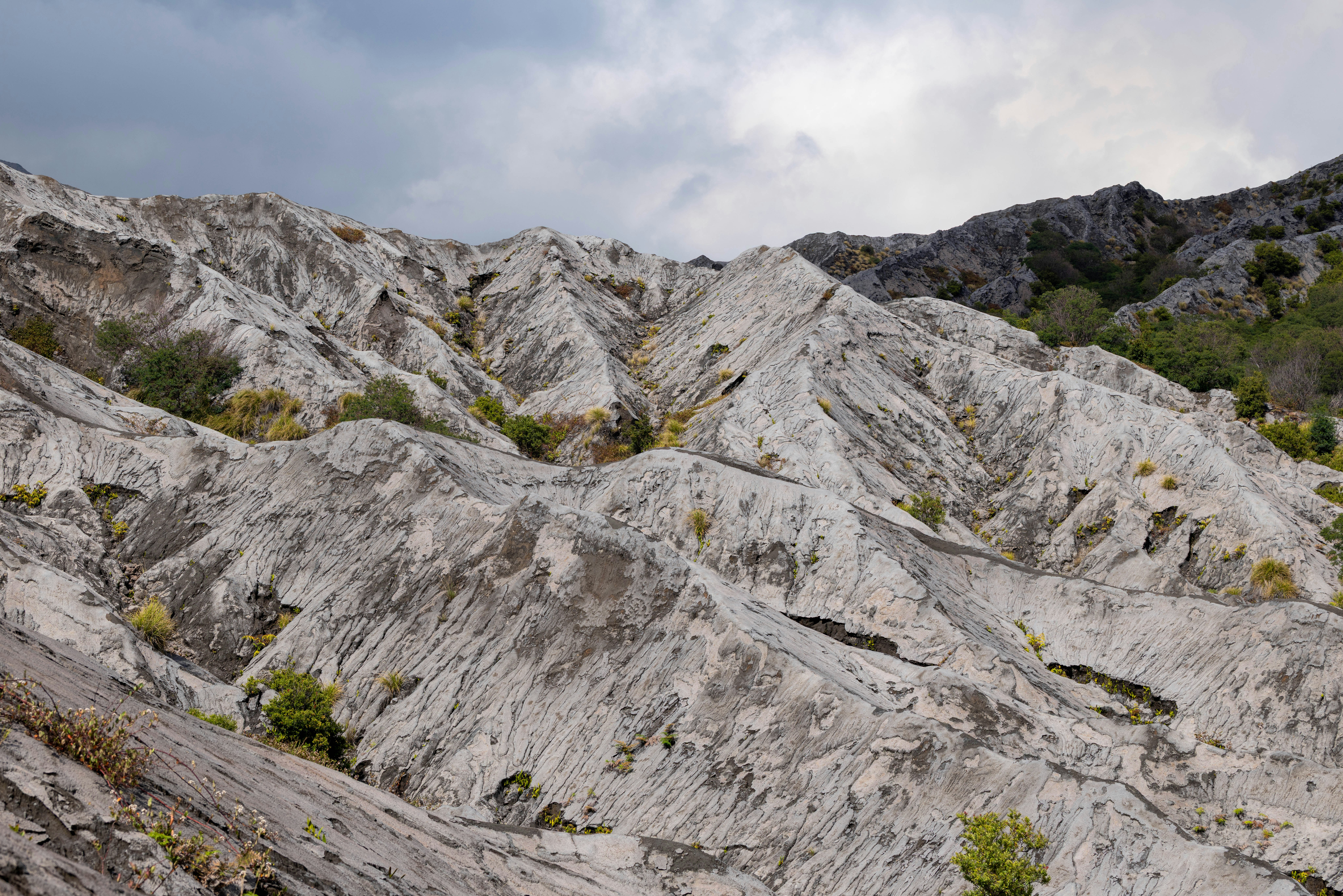 Eroded grey mountains with sparse vegetation under a cloudy sky.