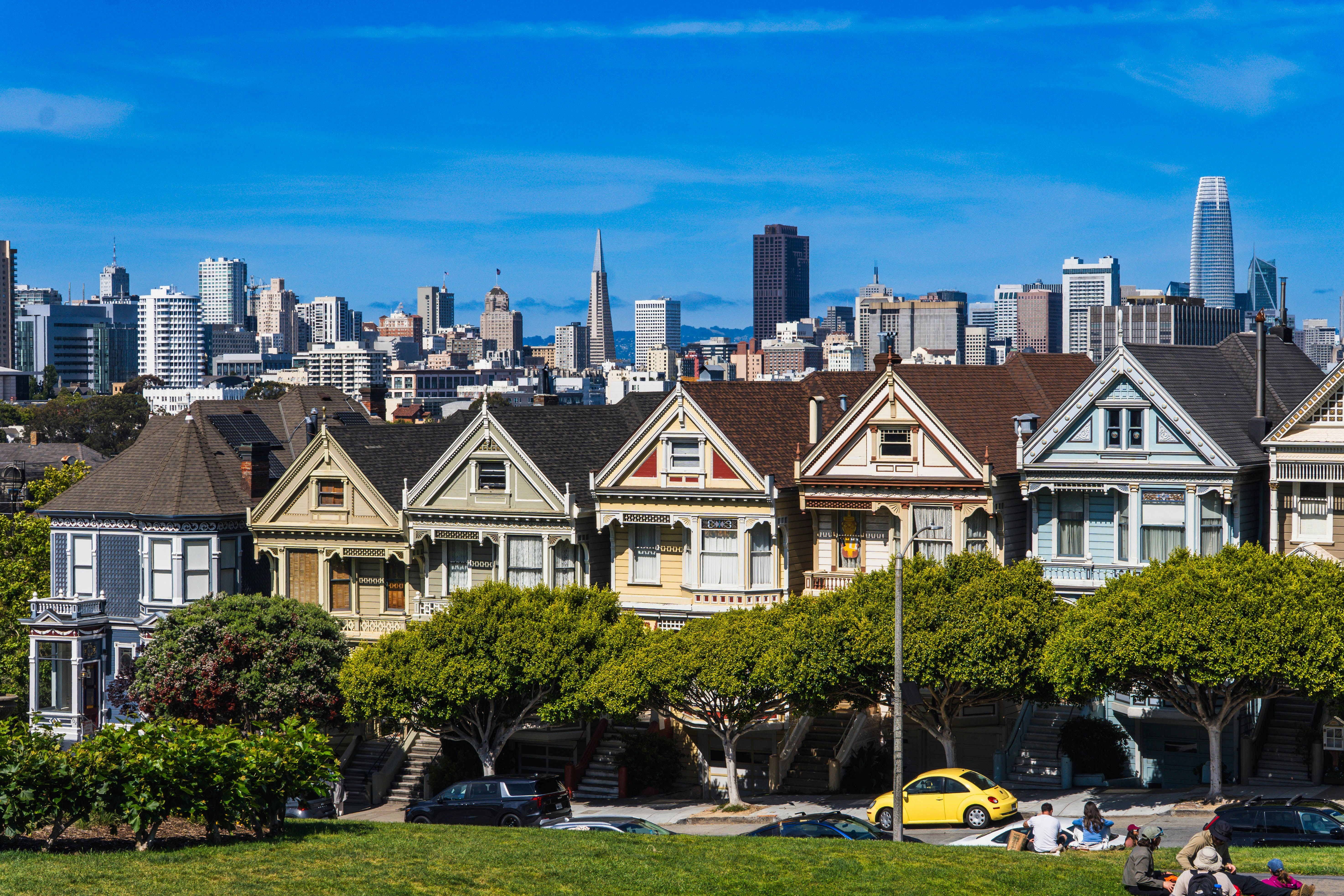 San francisco's painted ladies houses with city skyline in background.