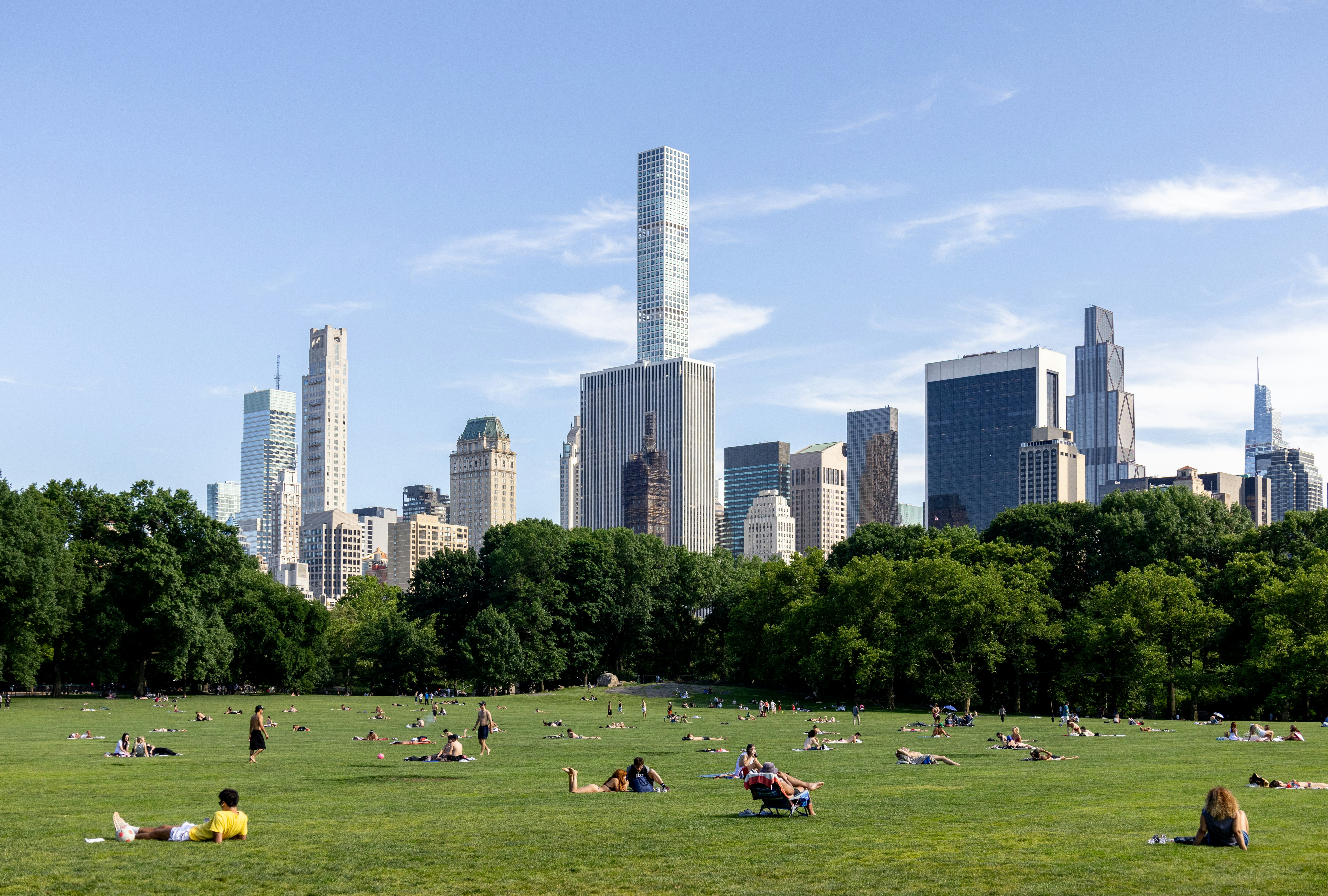 Prairie de Central Park avec la silhouette de New York et ses habitants.