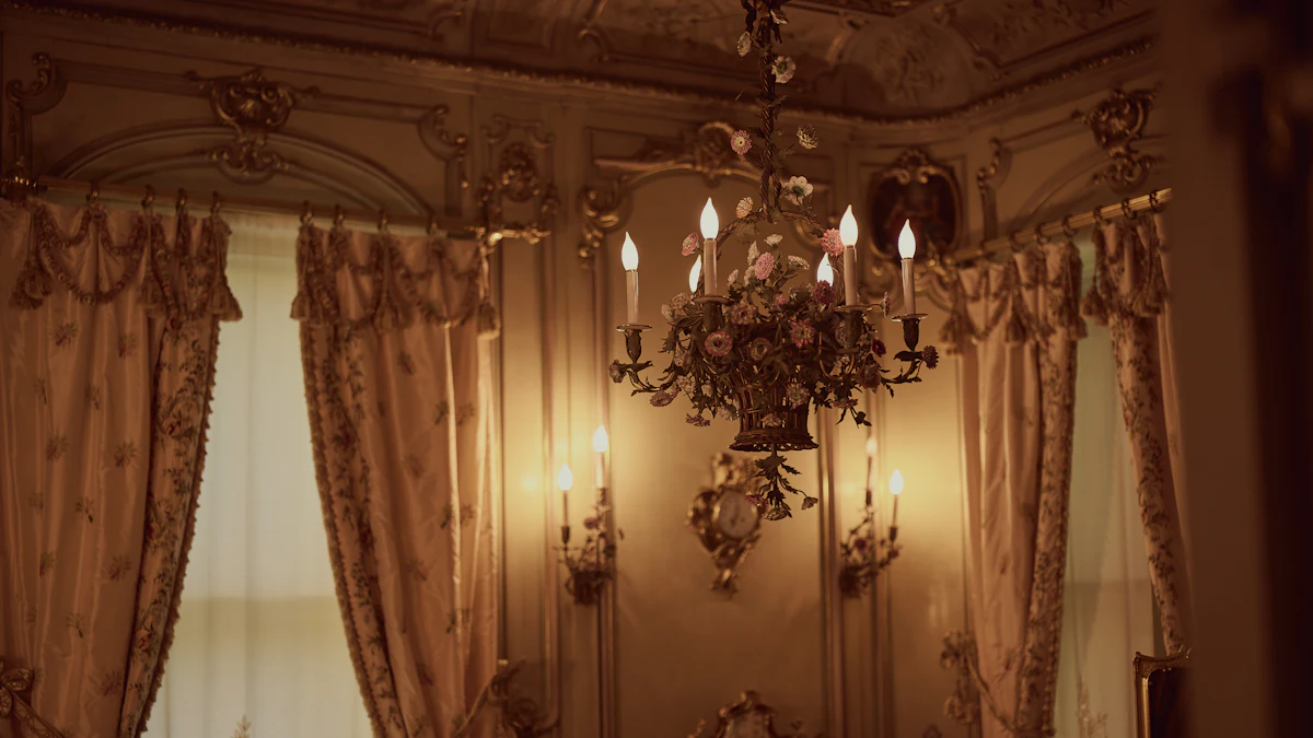 Drawing room, drapery and chandelier. Illustrative editorial image, not a photograph of Scarlett O'Hara House.