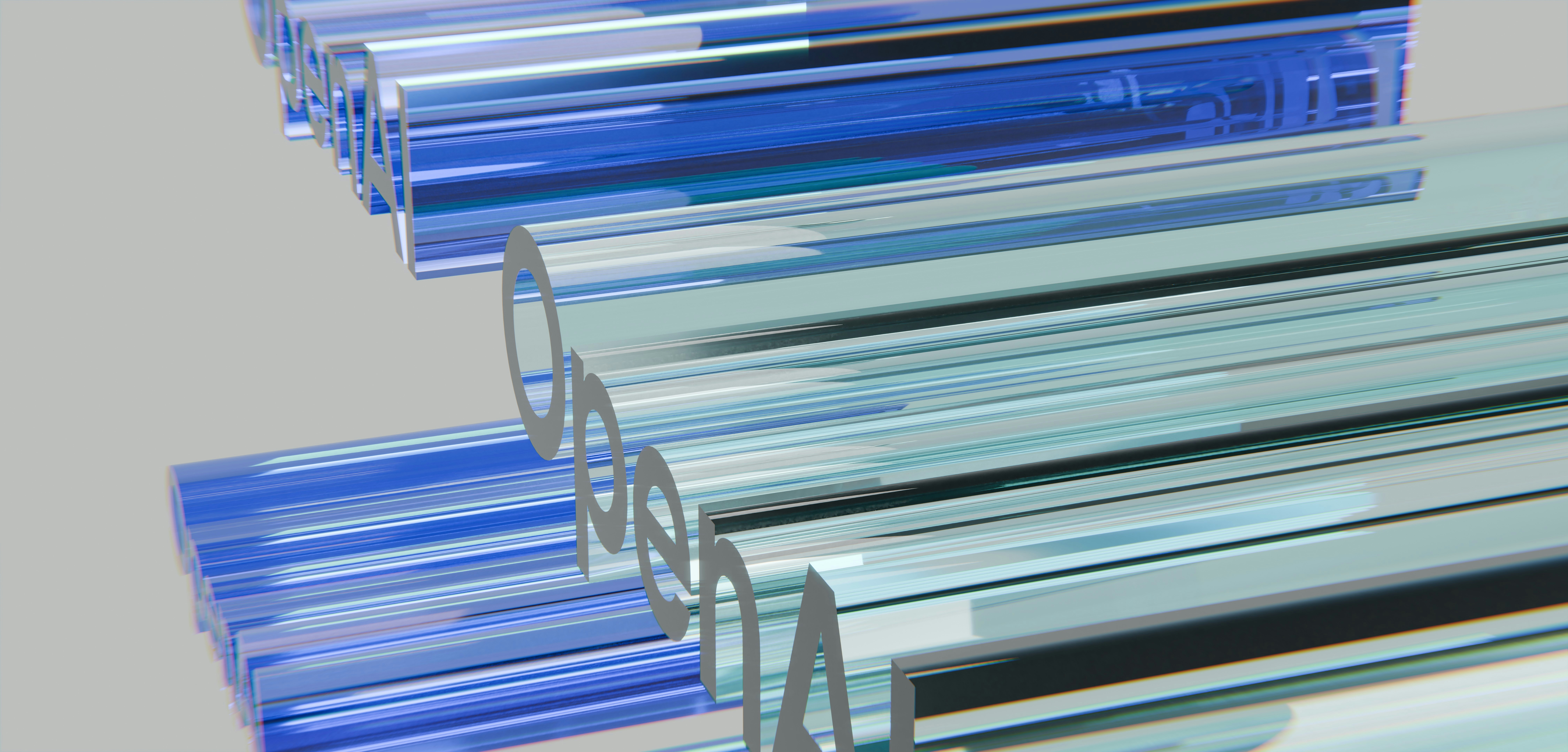 Transparent blue and clear tubes arranged in parallel rows