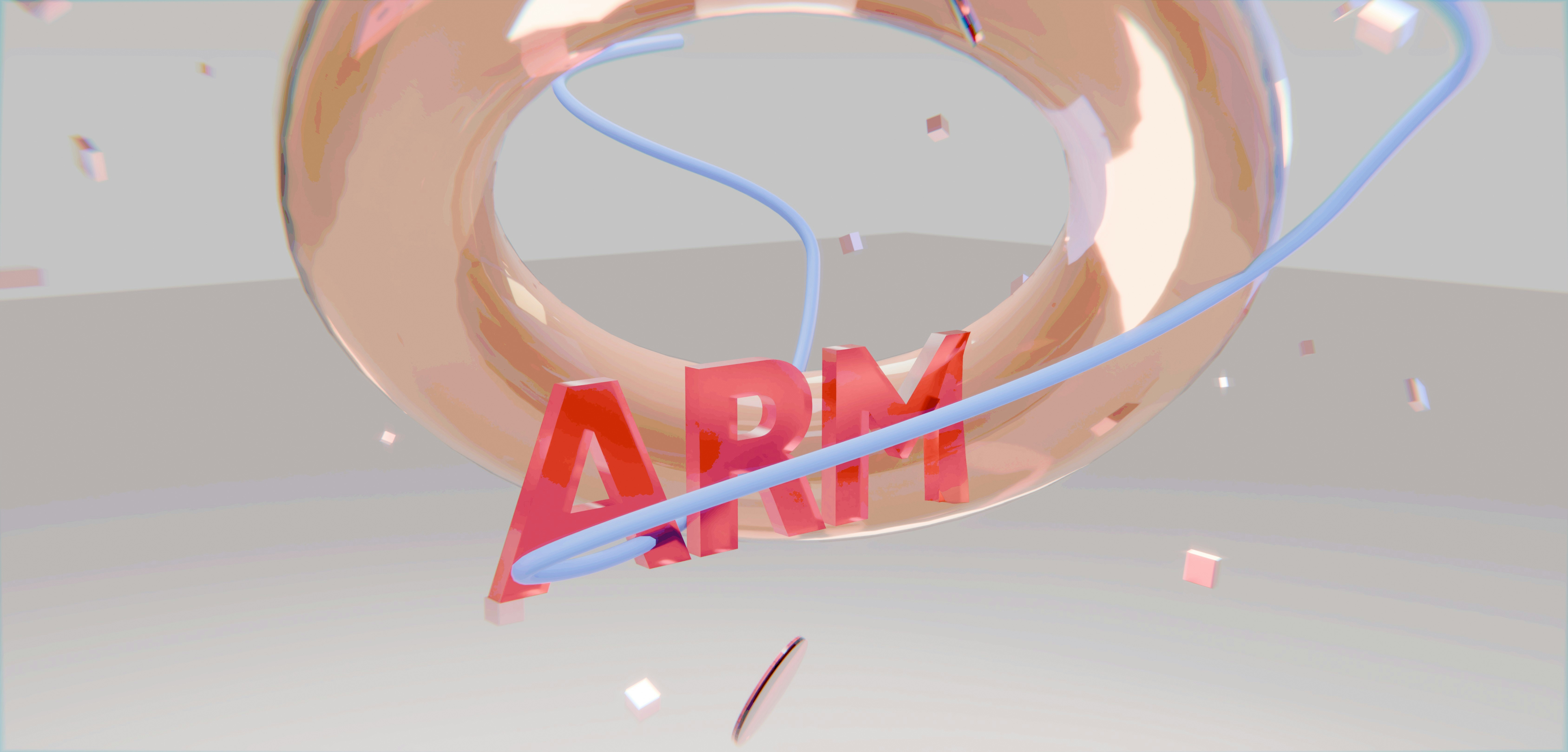 3D arm logo with glossy ring and blue lines