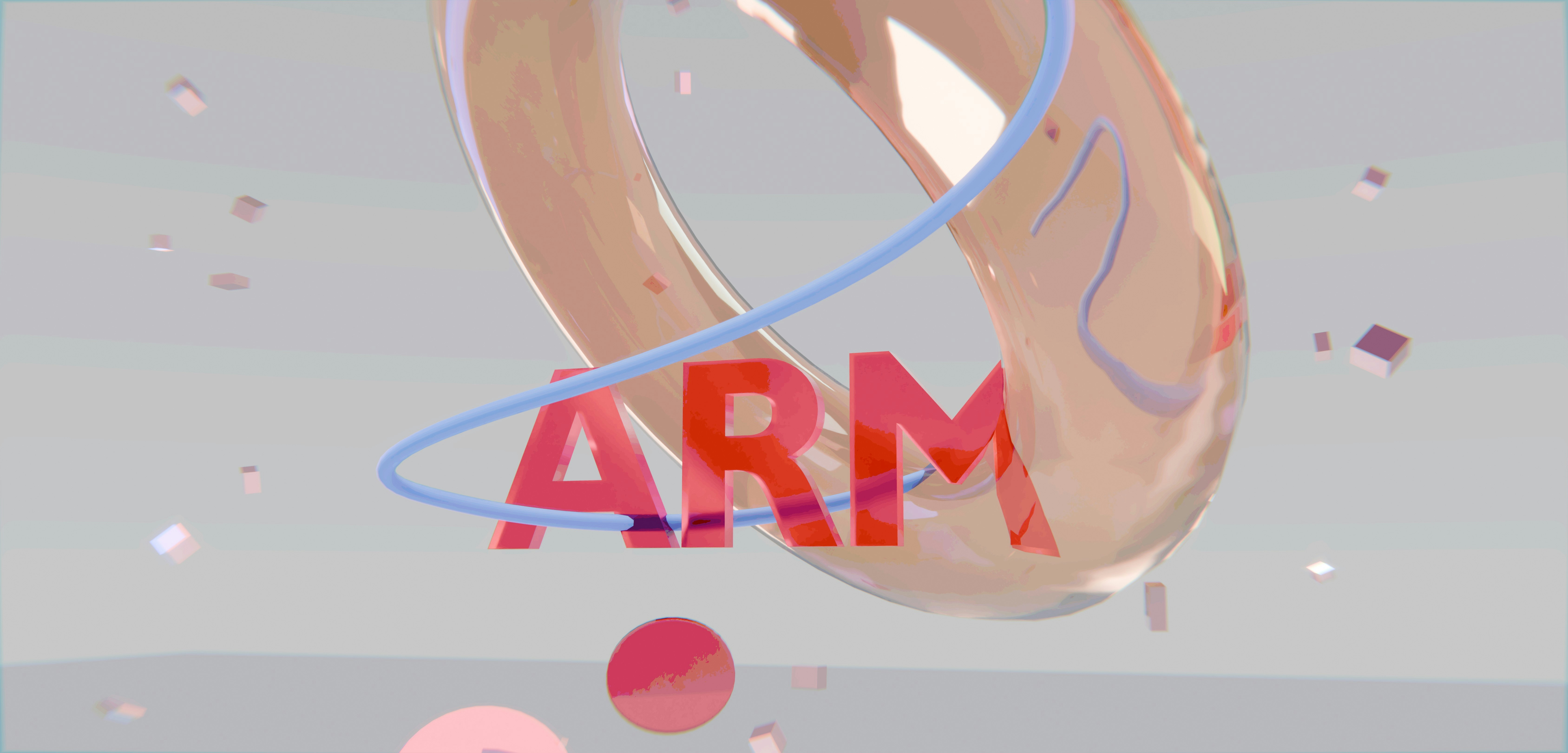 Red arm text encircled by translucent tube and blue line