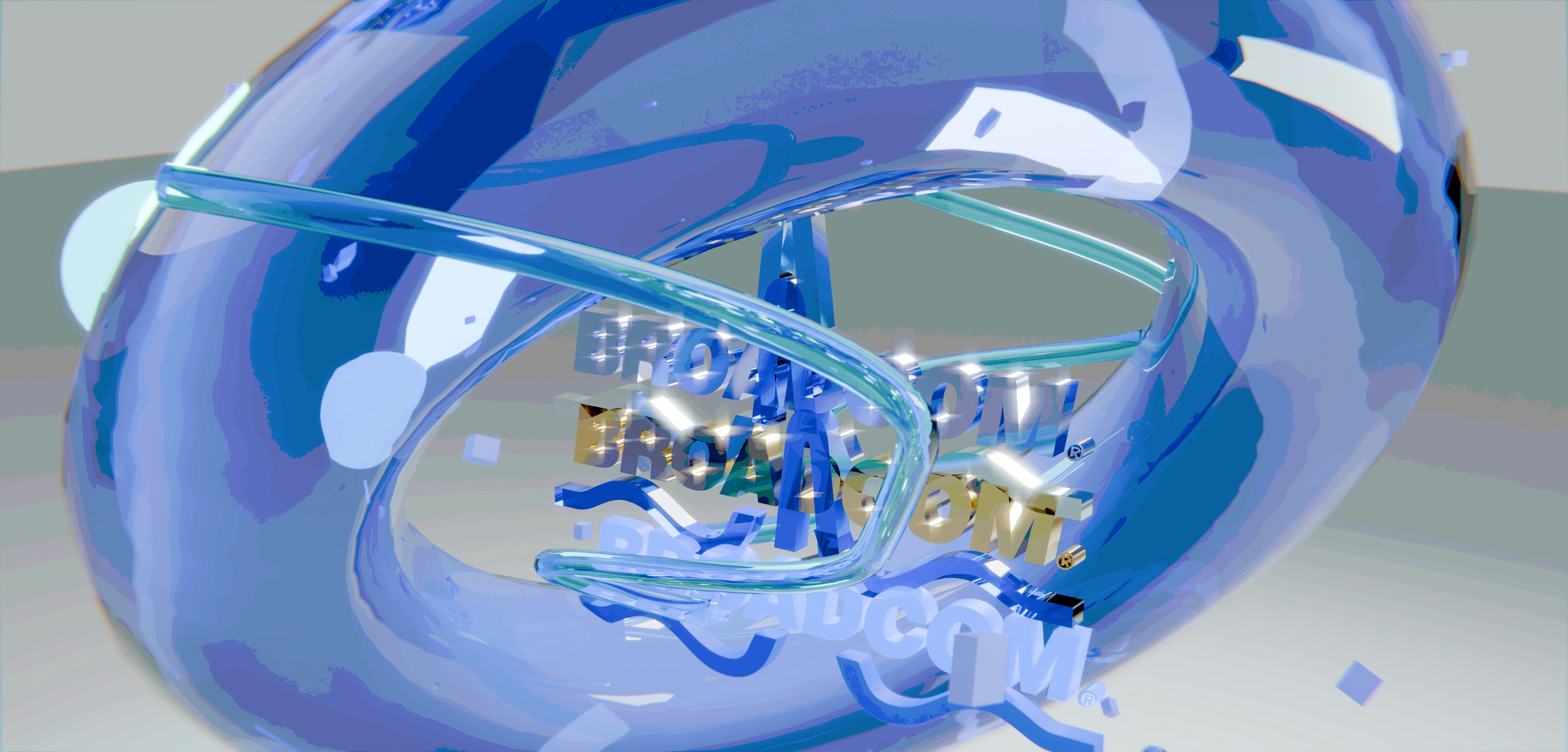 Pusaran biru abstrak dengan teks siaran brix emas.