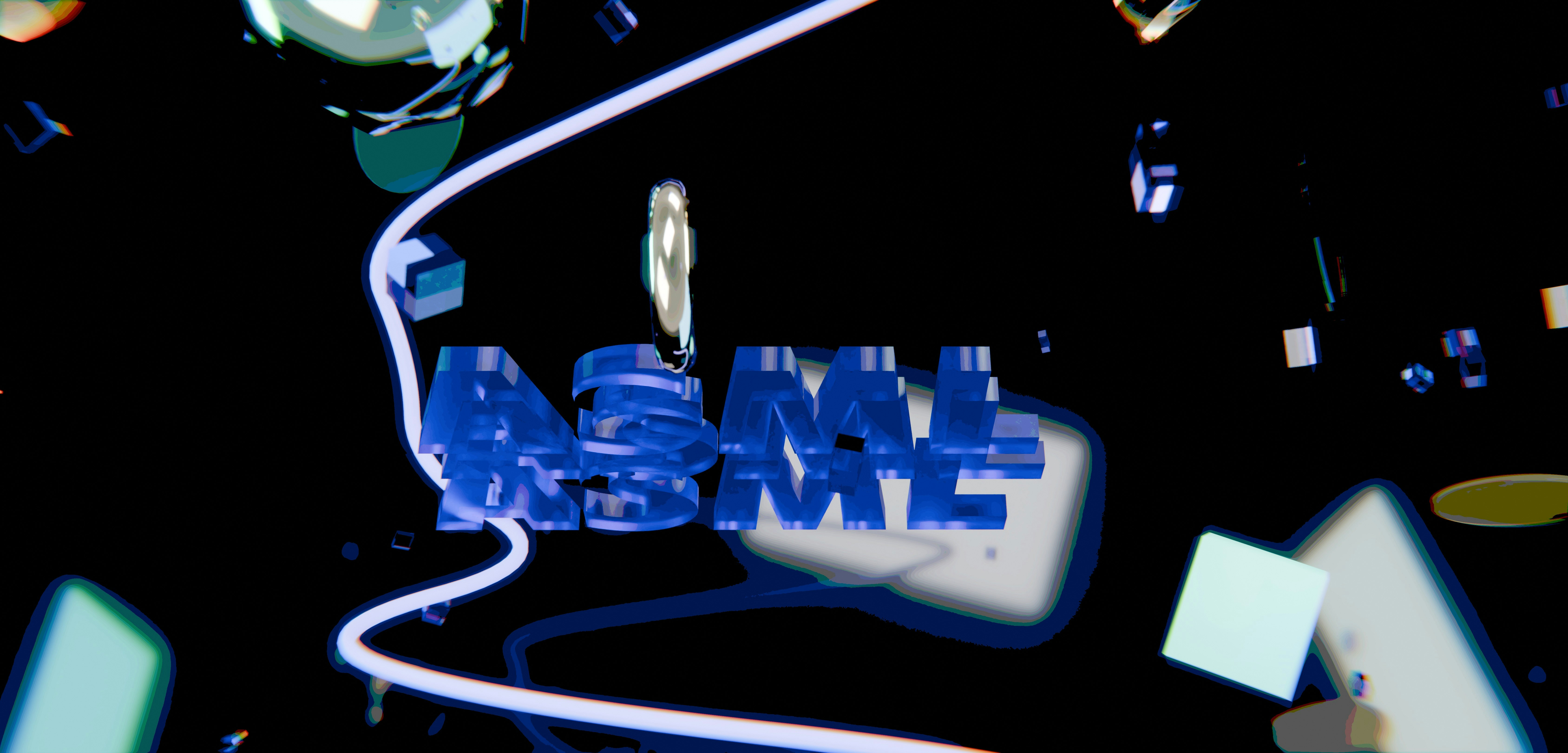 Abstract blue text and glowing shapes on a dark background.