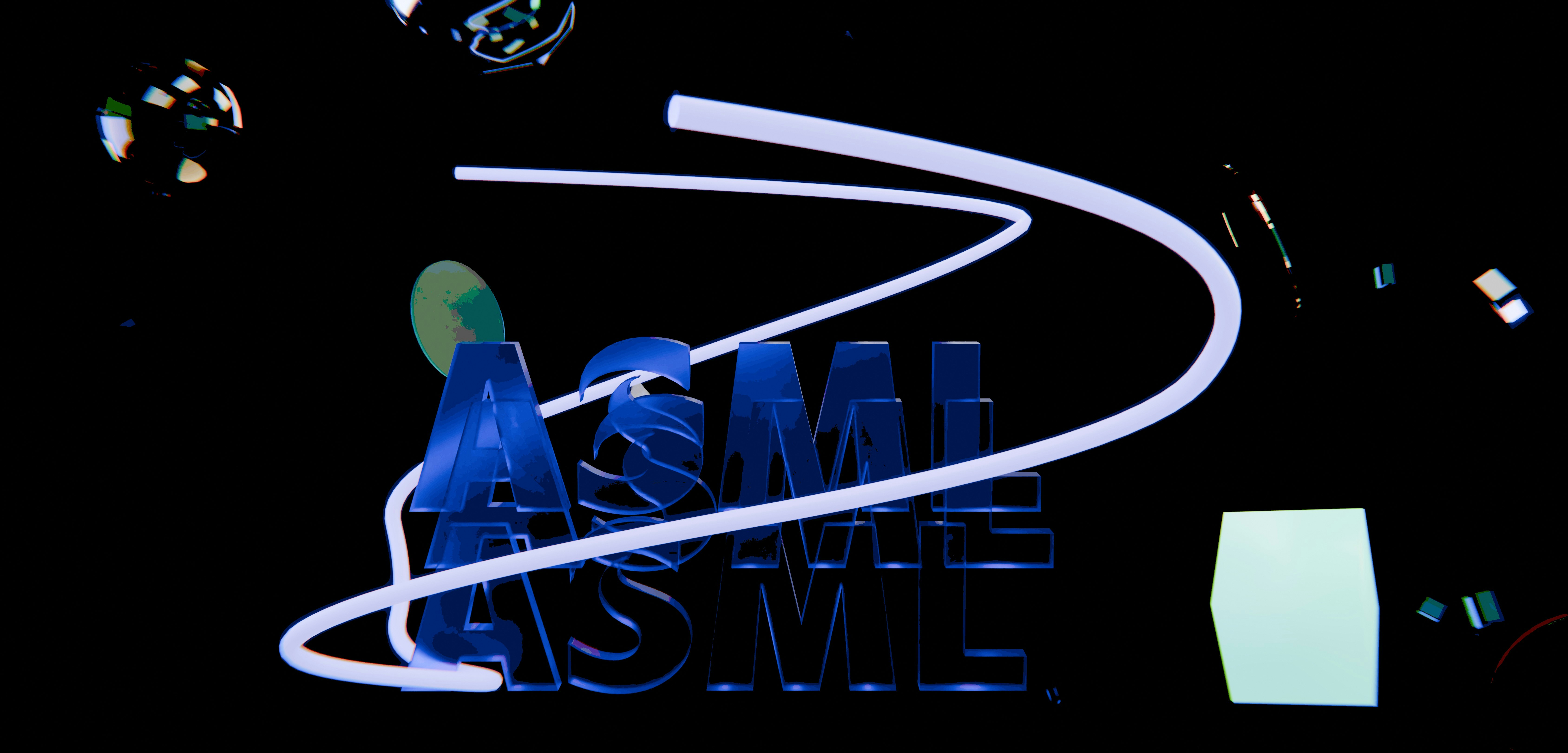 Blue 3D acme logo with a swirling white line