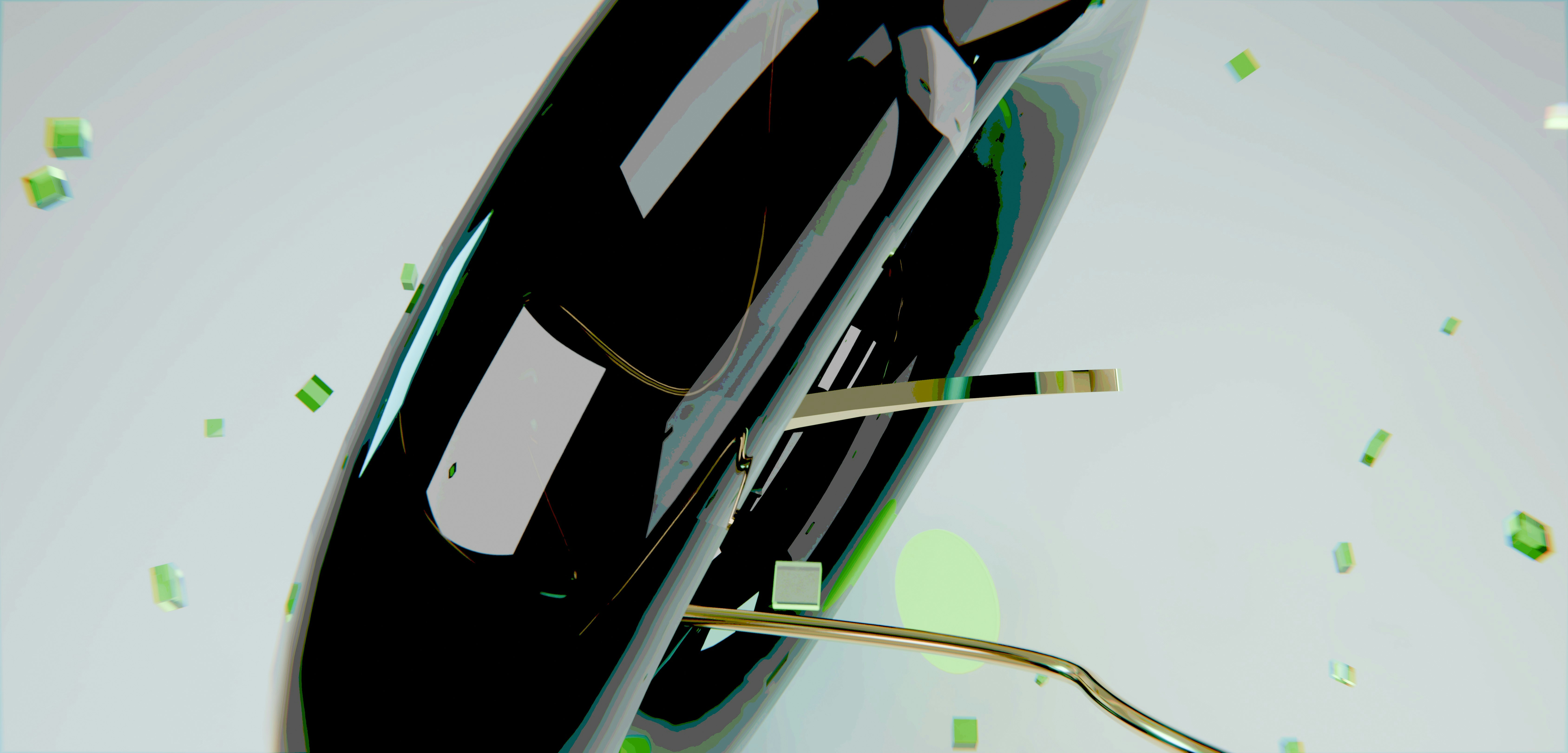 Glossy dark bottle with metallic wires and scattered green confetti