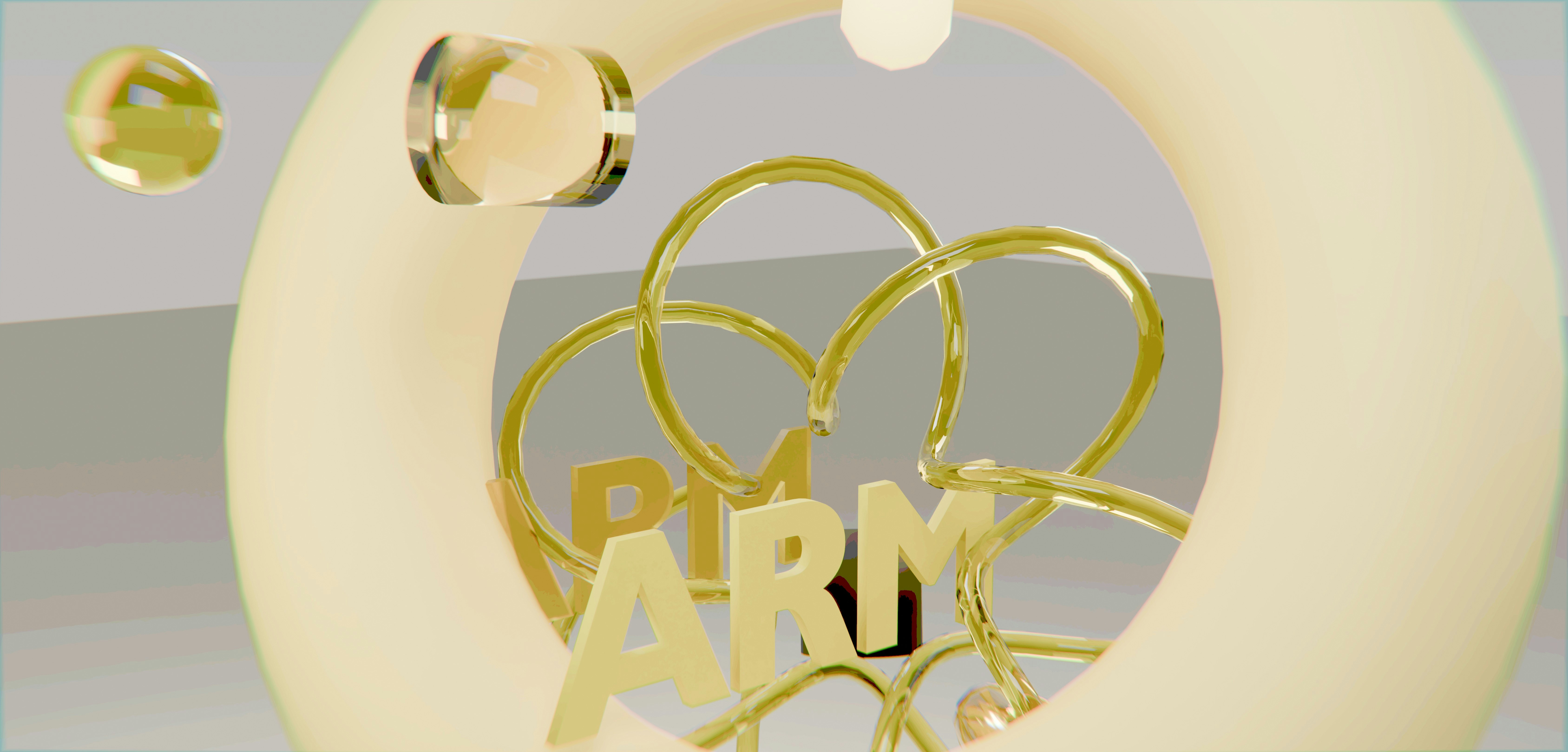 Golden rings and "arm" text within a cream crescent shape.