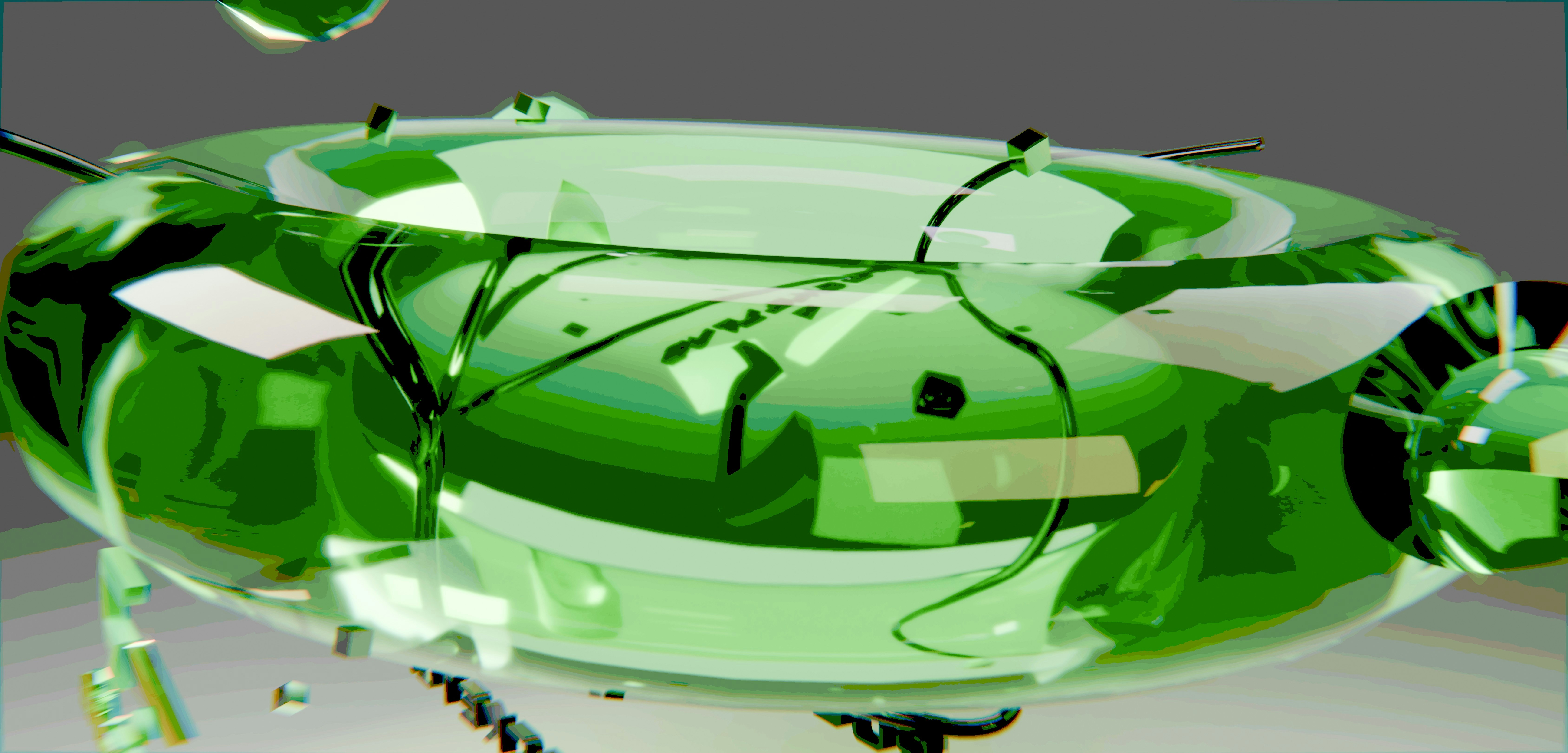 Abstract green translucent object with reflective surfaces.