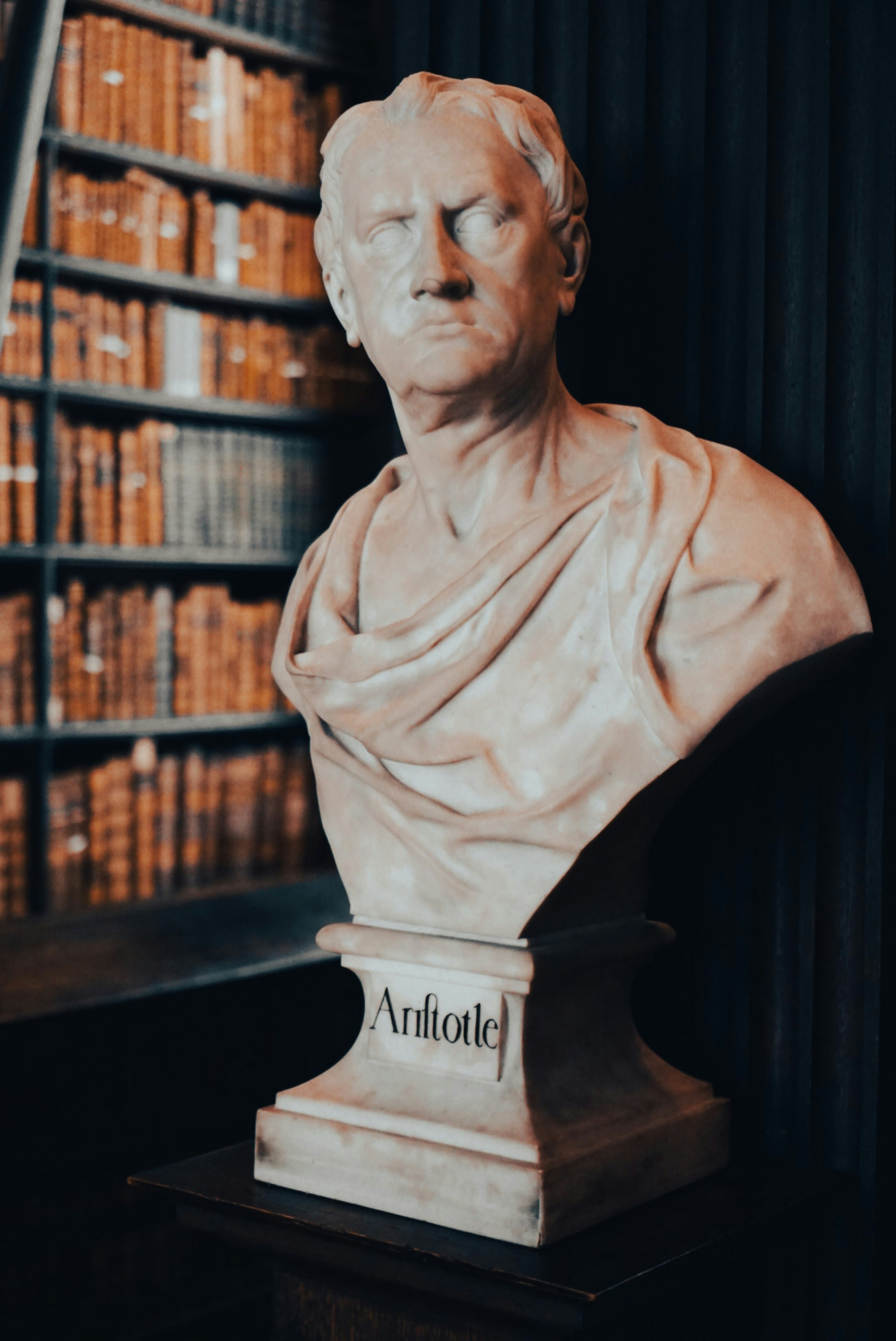 Aristotle in the Long Room: A marble bust of Aristotle stands inside the historic Long Room at Trinity College Dublin, set against warm shelves of old books.