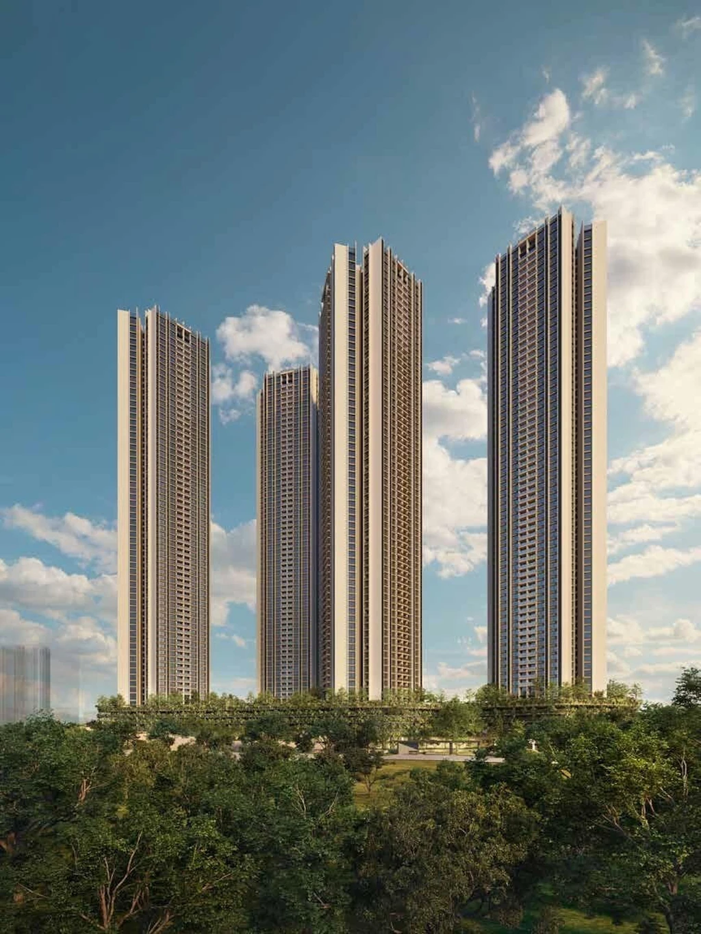 High-rise residential towers rising above green landscape