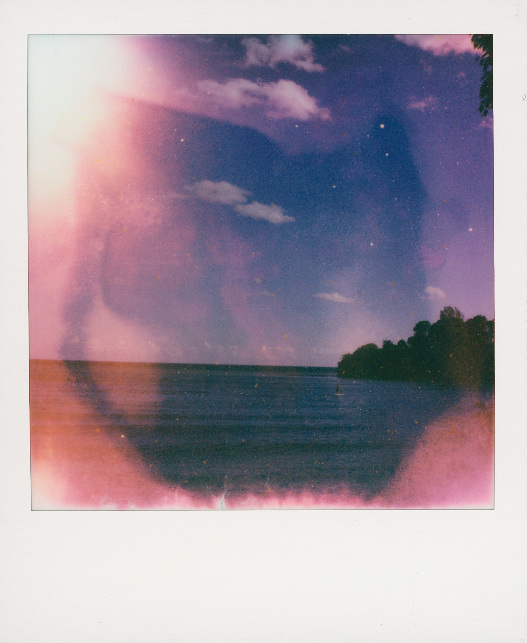 Dreamy ocean view with treeline and colorful sky.