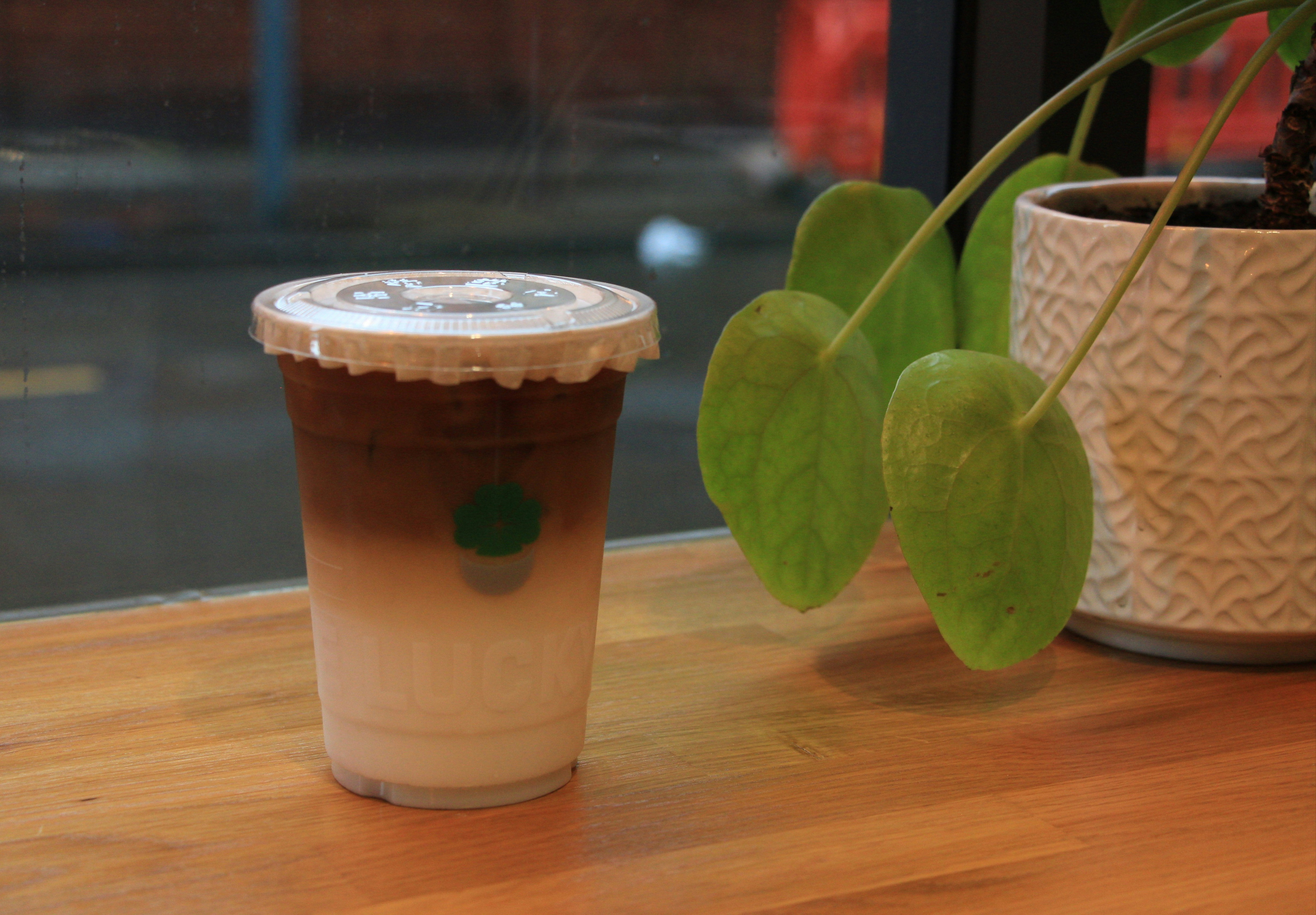 Layered iced coffee on a wooden table beside a plant