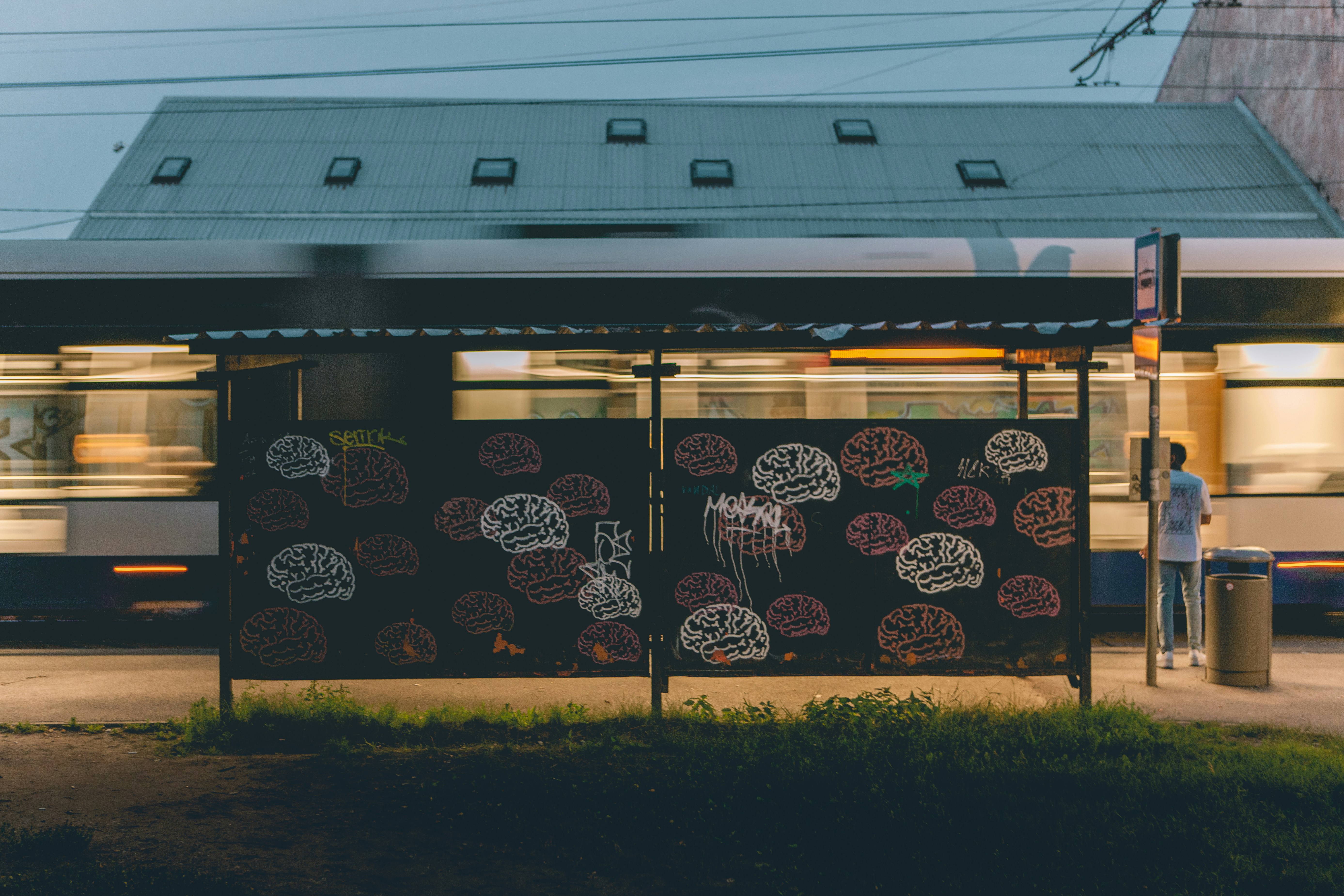 Train blurs past a bus stop with brain-shaped graffiti.