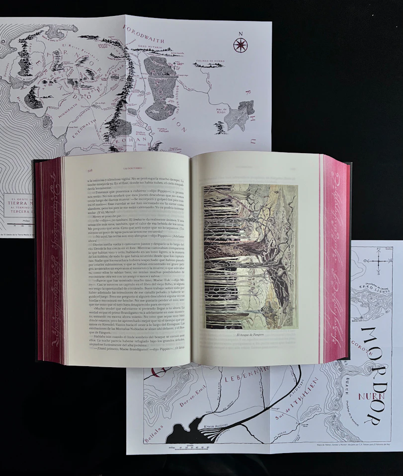 Fantasy novel open with detailed maps surrounding it.