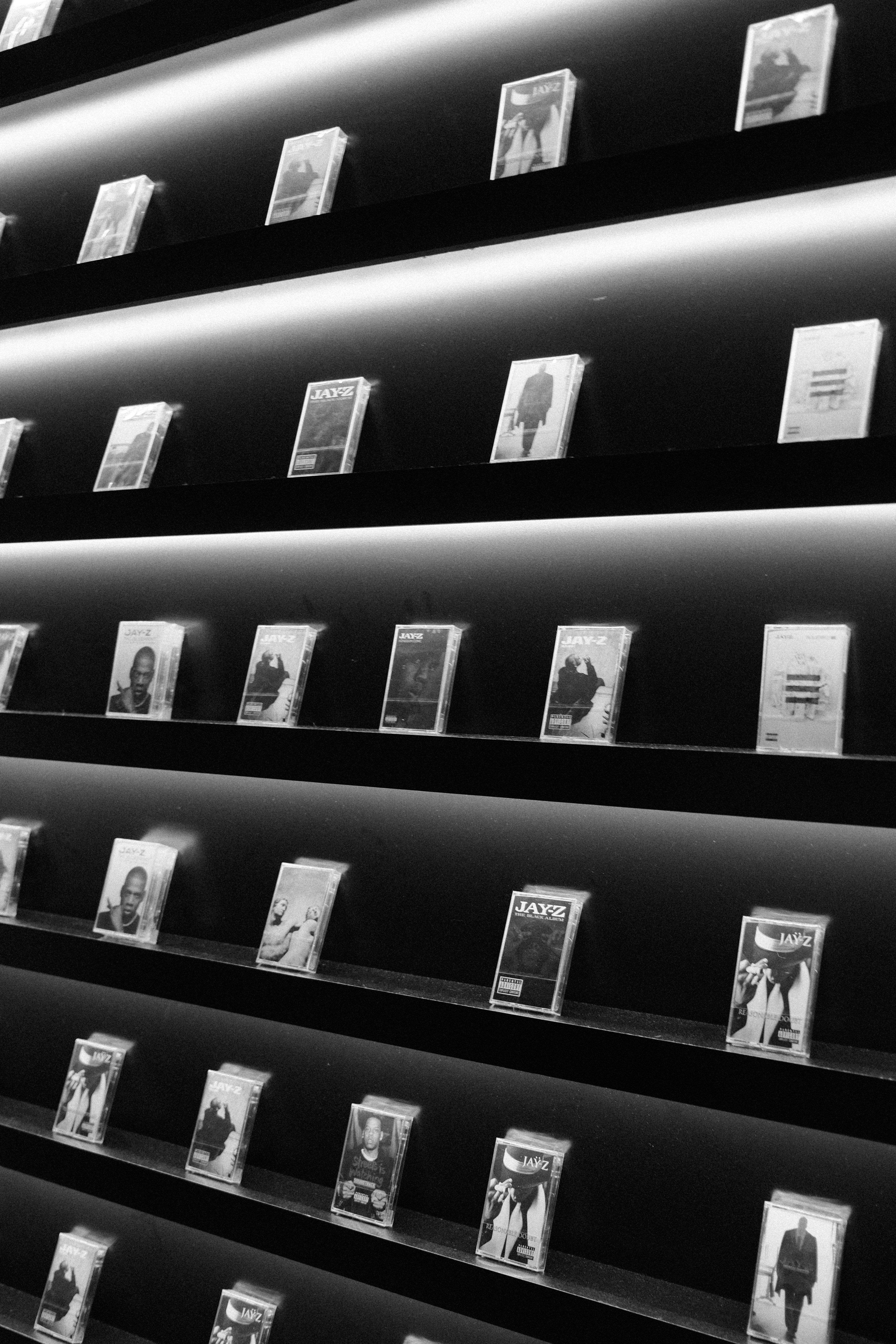 Monochrome display of illuminated shelves with numerous albums