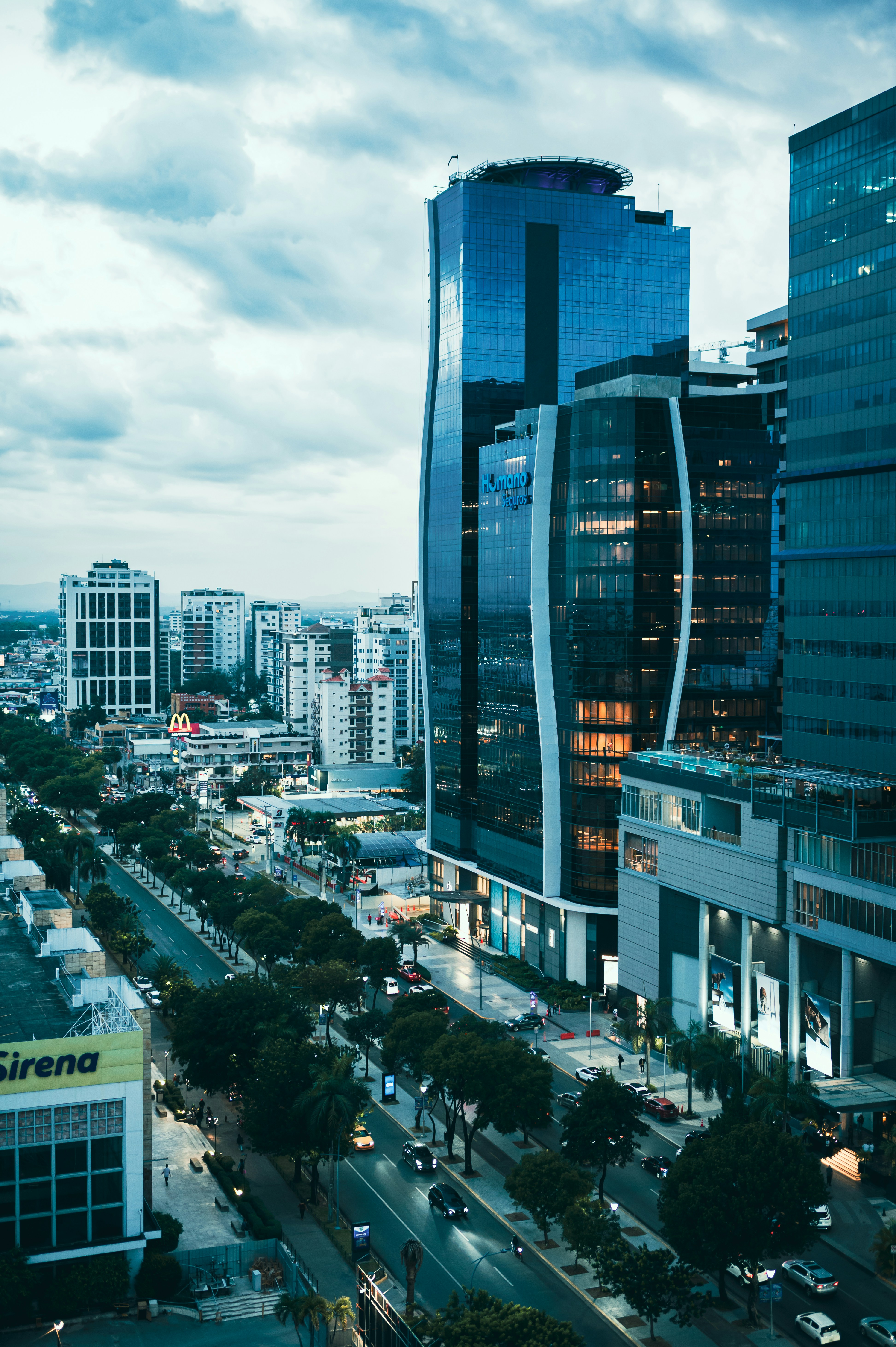 Modern cityscape with skyscrapers and a tree-lined road