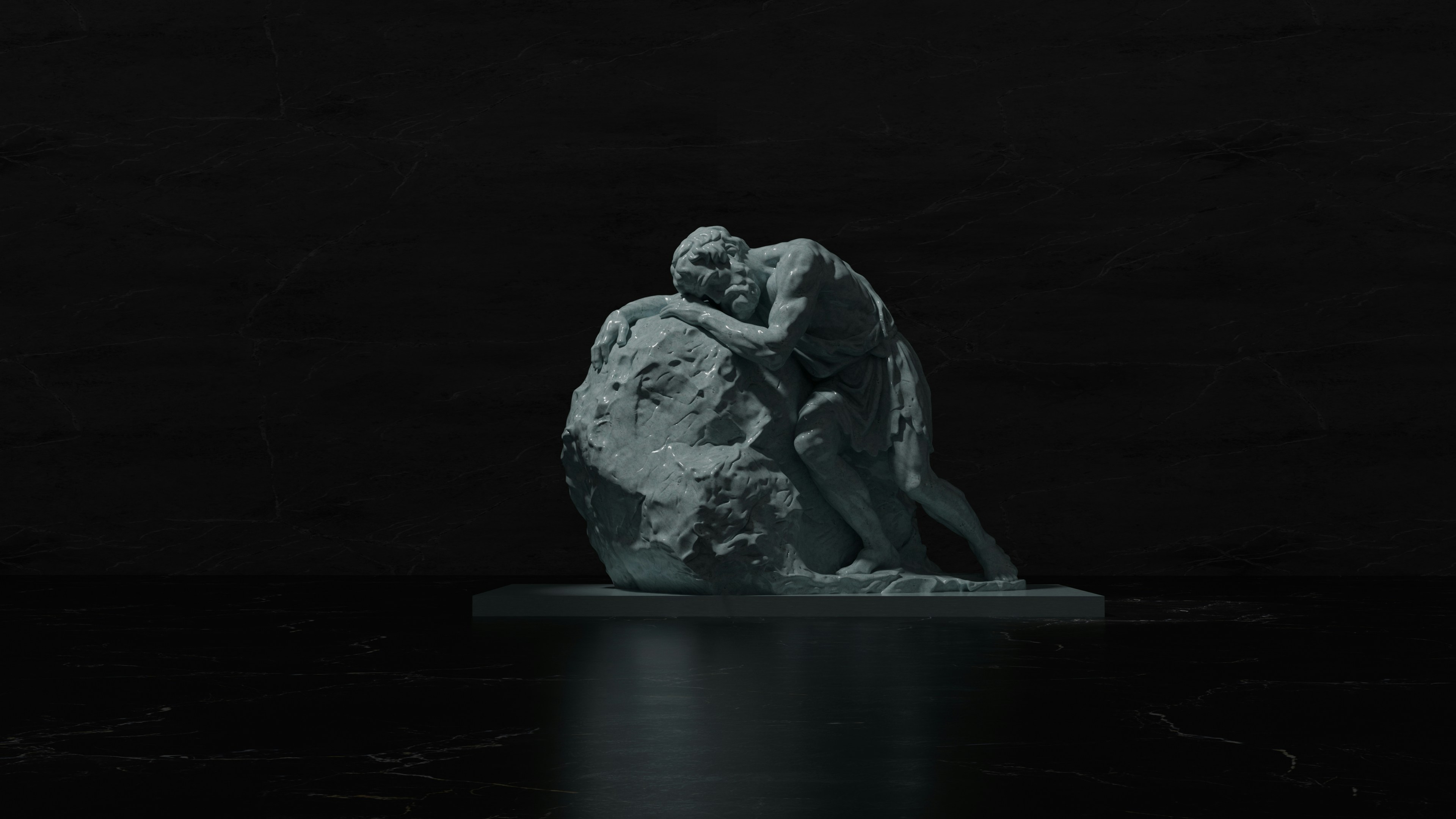 A statue of a man pushing a rock in darkness