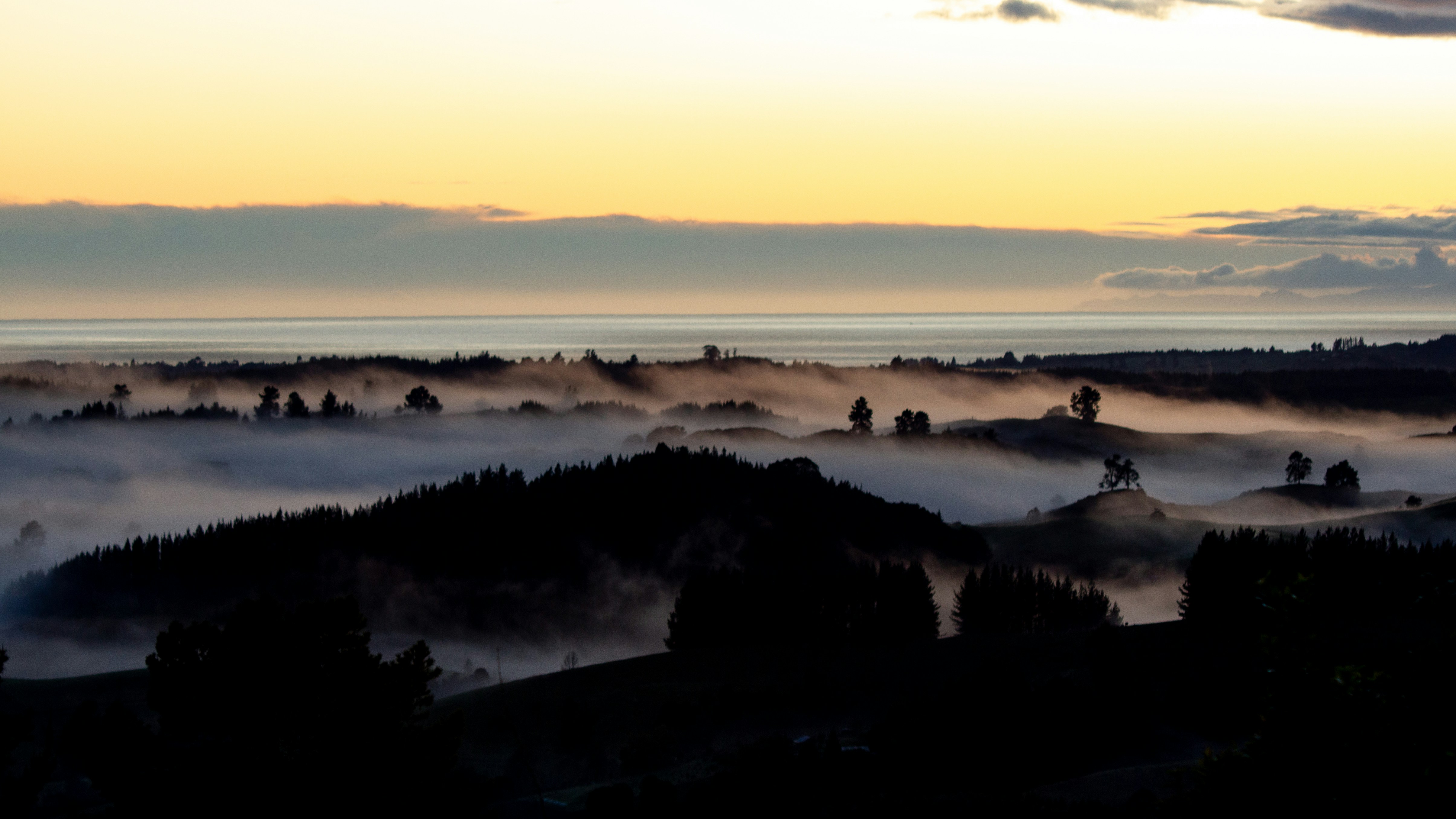 Foggy landscape with silhouetted trees and hills at sunrise.