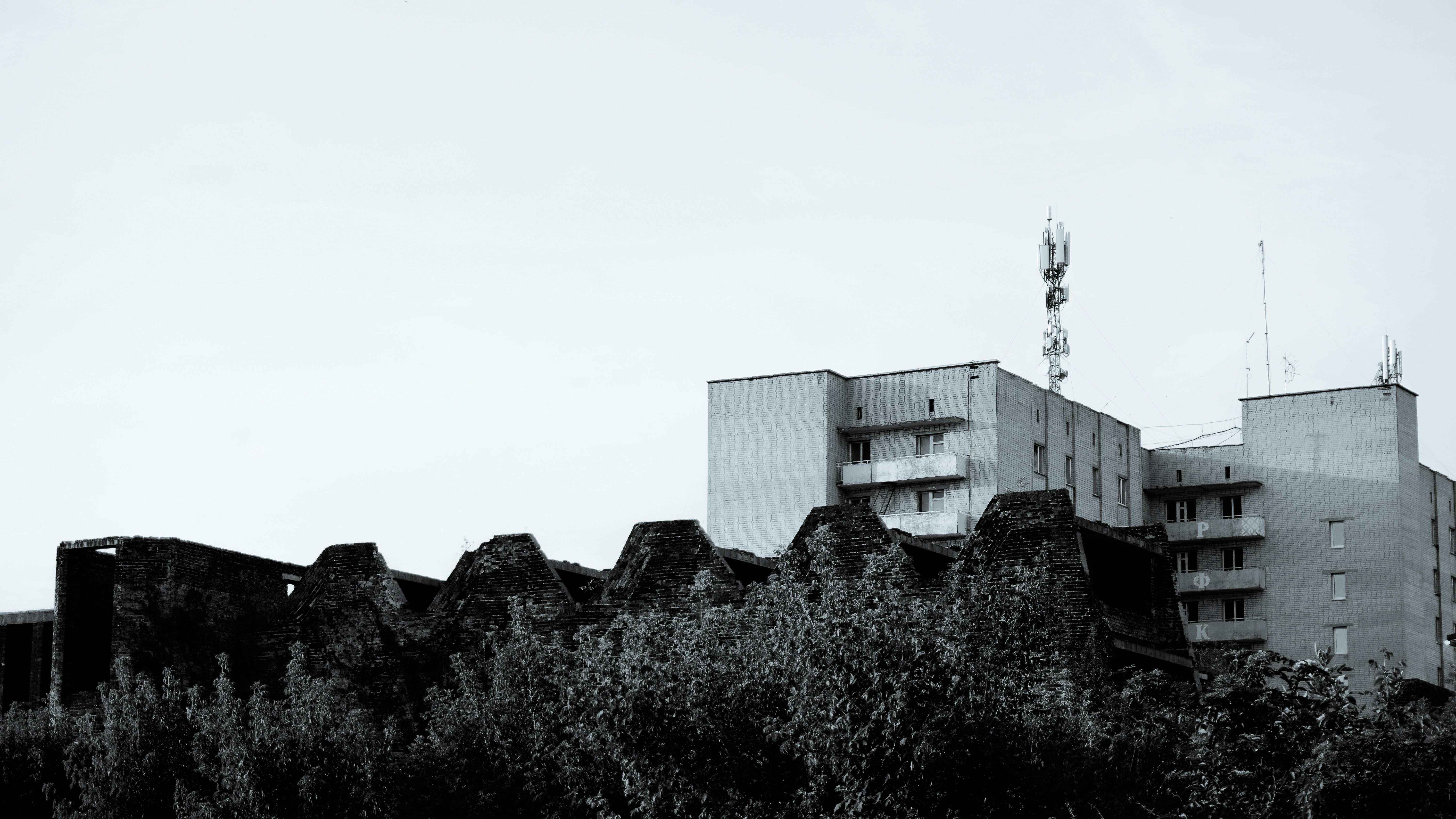 Edificio in cemento con antenne dietro fogliame scuro.