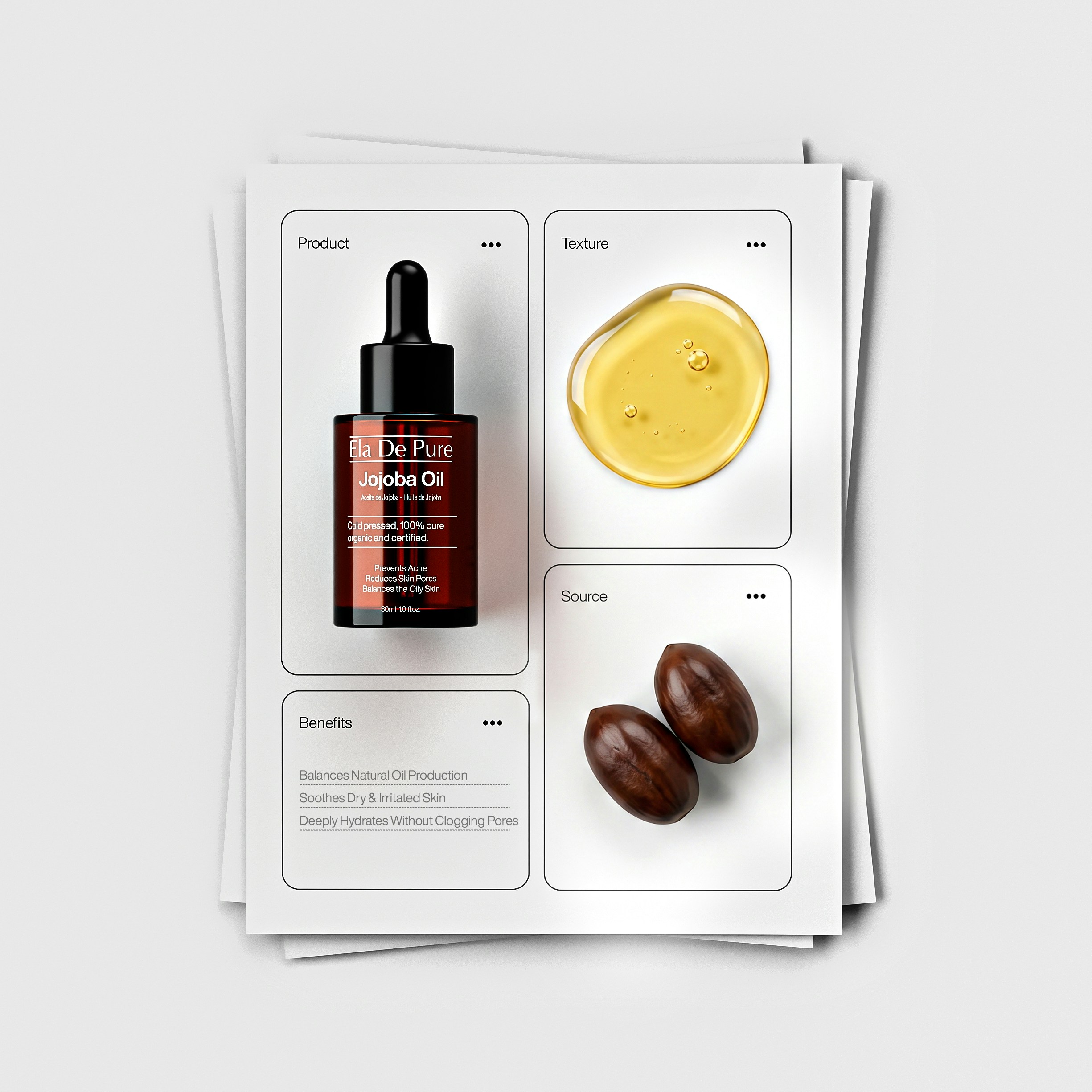 Esposizione di prodotti a olio di jojoba con bottiglia, texture d'olio e semi.