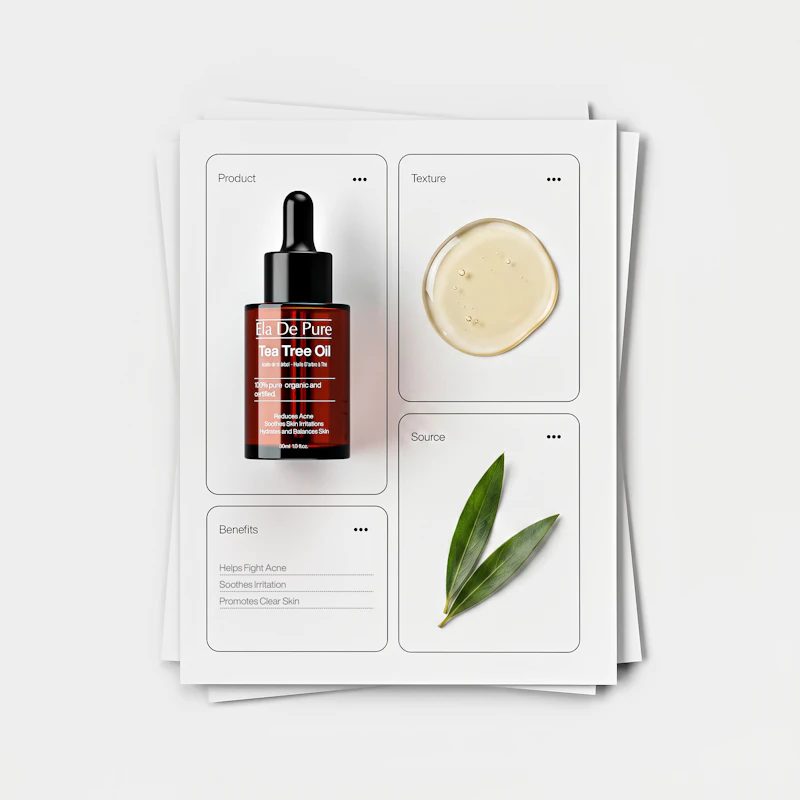 Green tea extract display: dropper bottle with a pale oil drop and fresh green tea leaves
