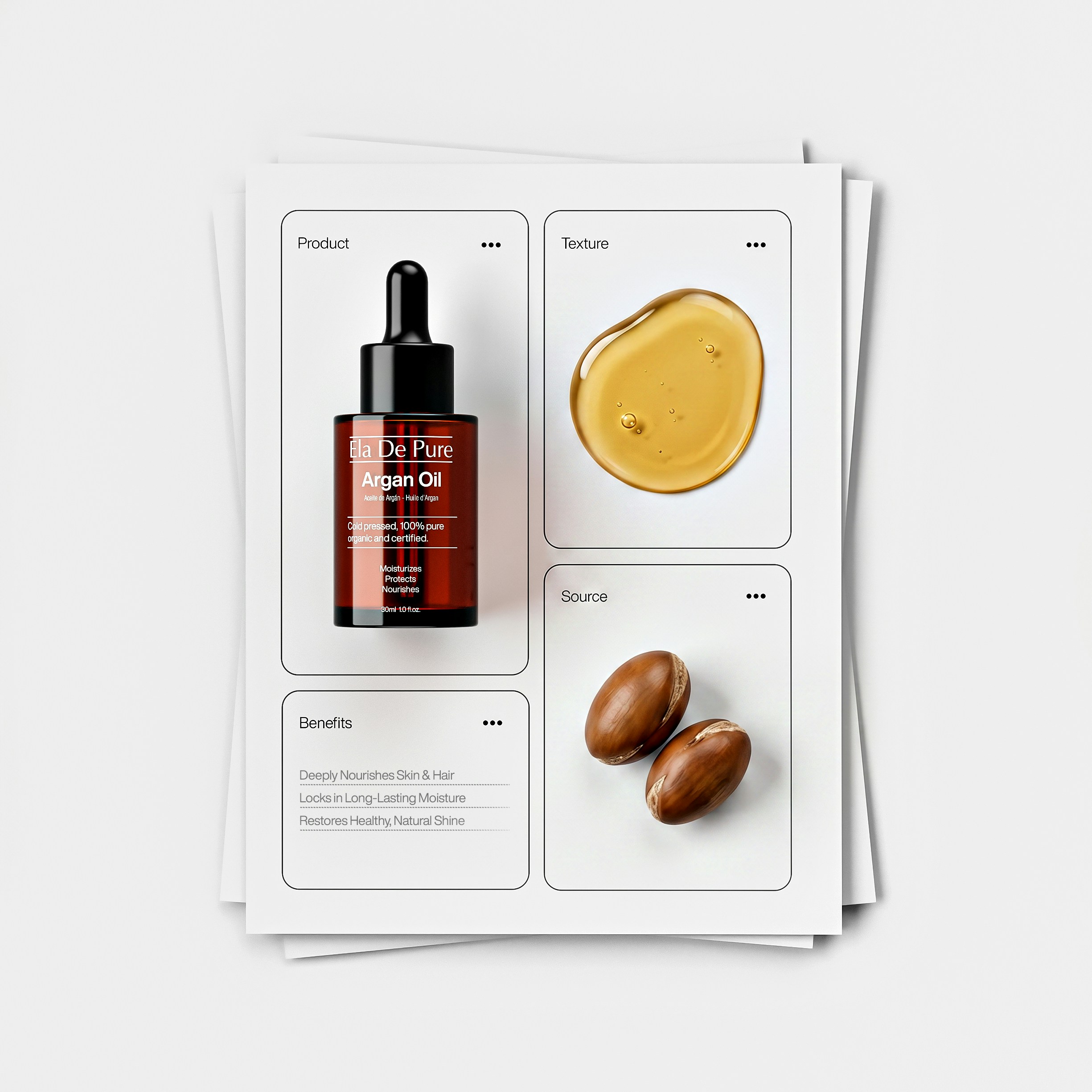 Esposizione di prodotti con olio di argan con bottiglia, goccia d'olio e noci.