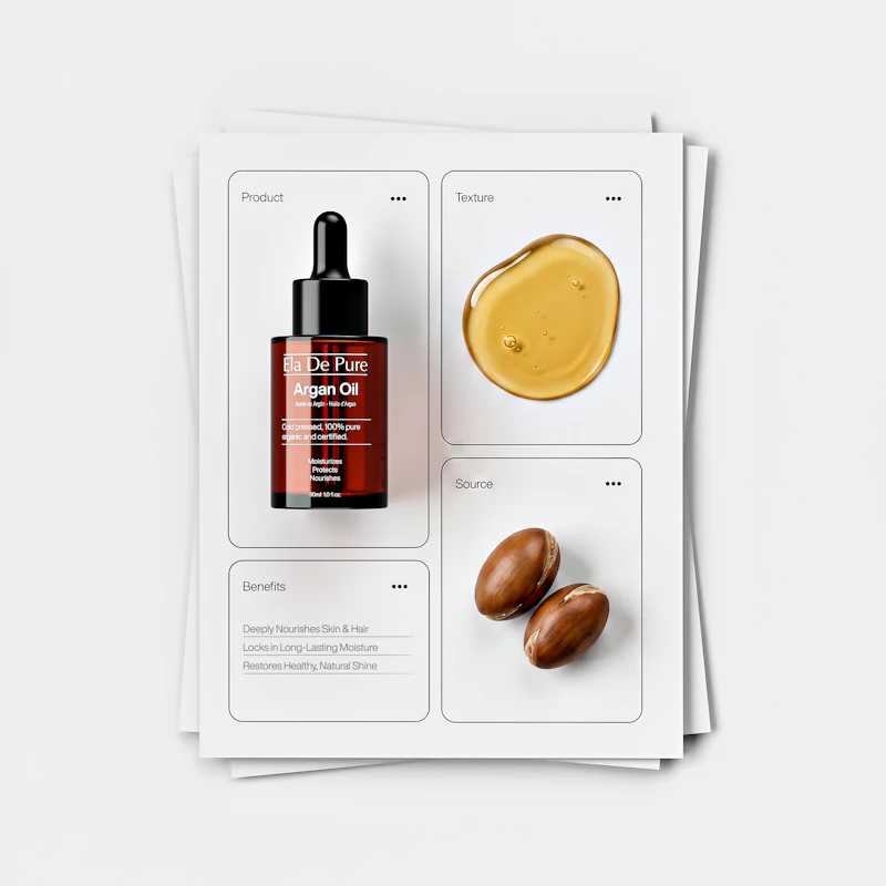 Argan oil display: dropper bottle with an amber oil drop and argan nuts