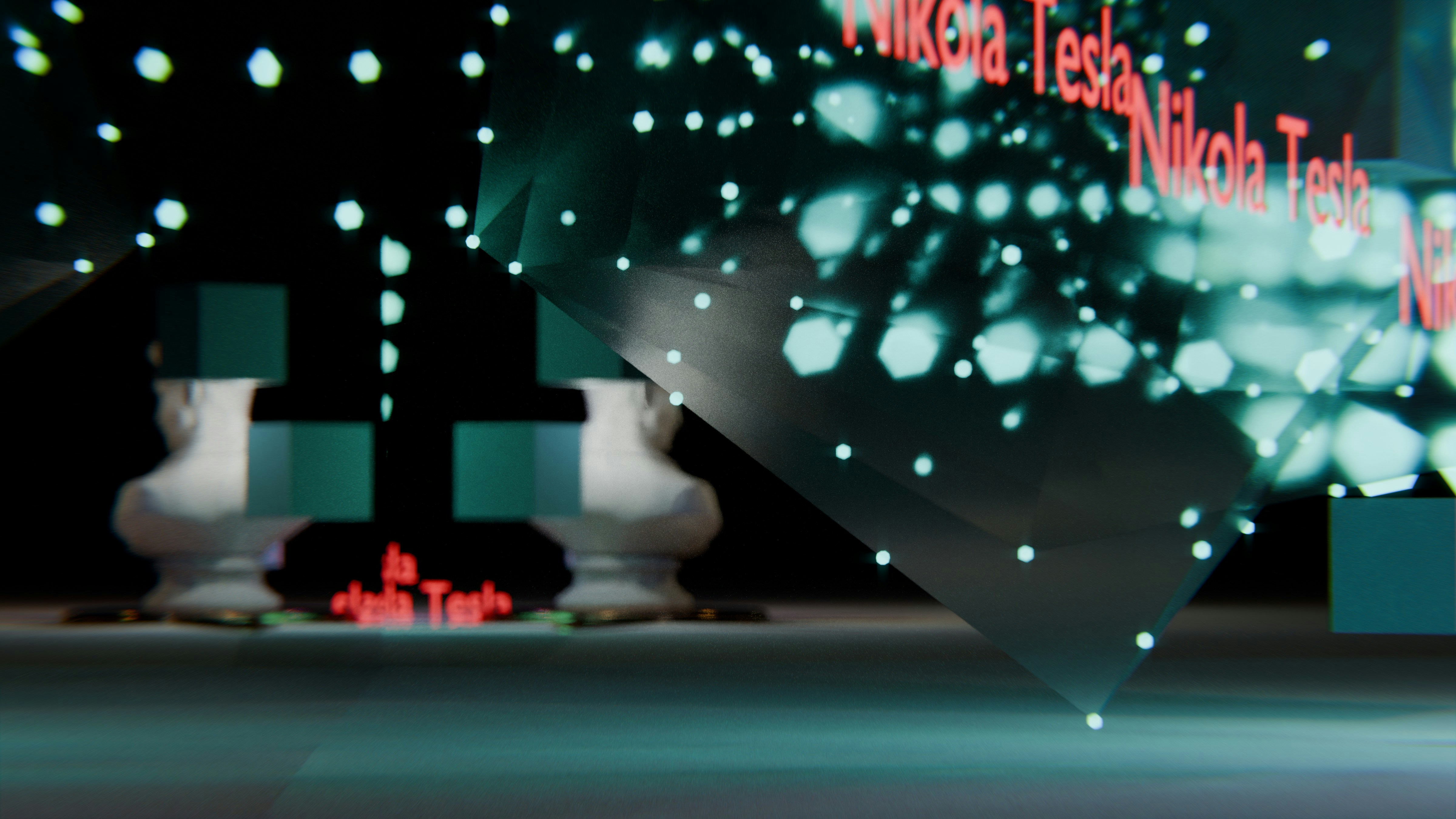 Abstract digital art with busts, particles, and nikola tesla text
