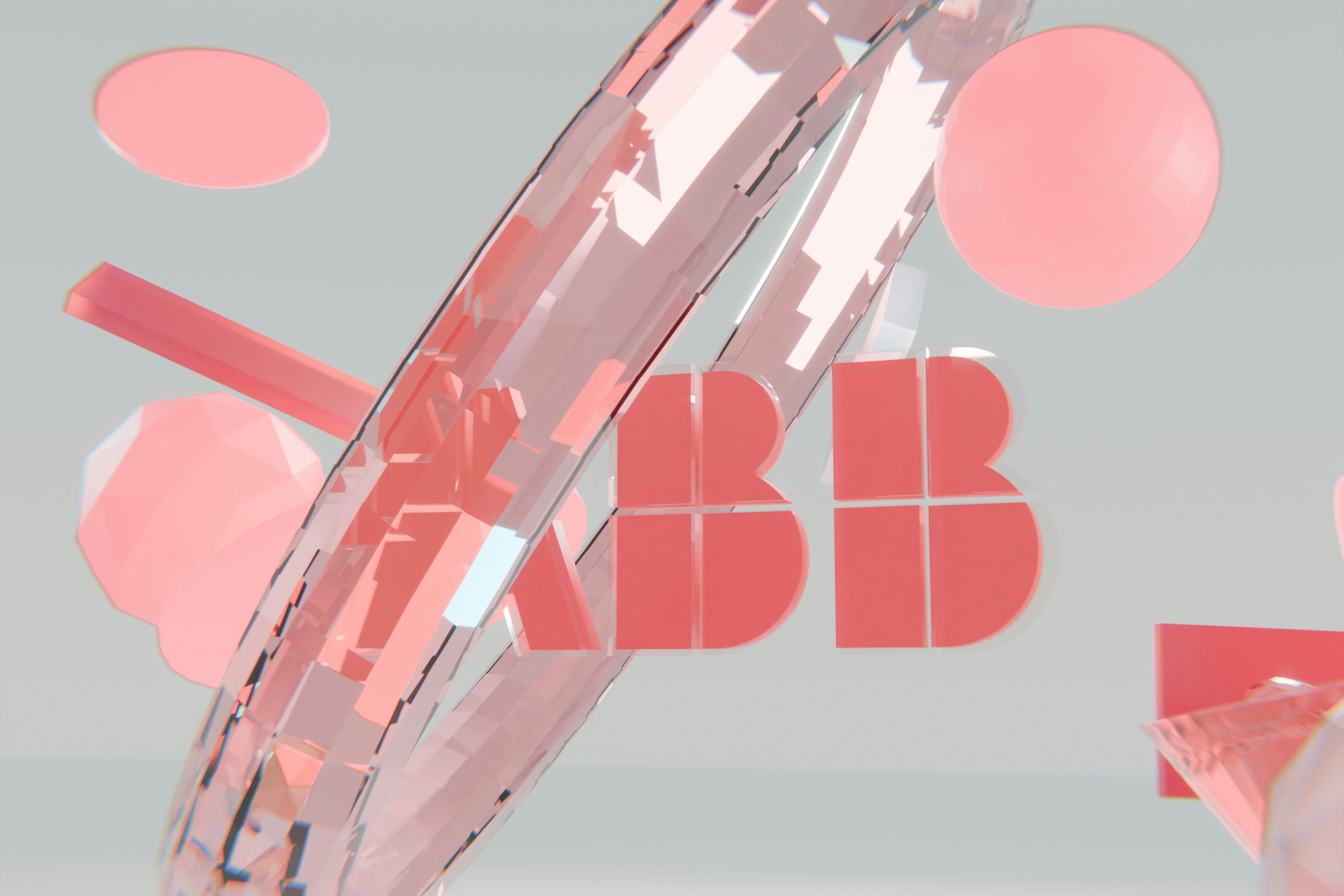 Red abb logo surrounded by abstract pink geometric shapes