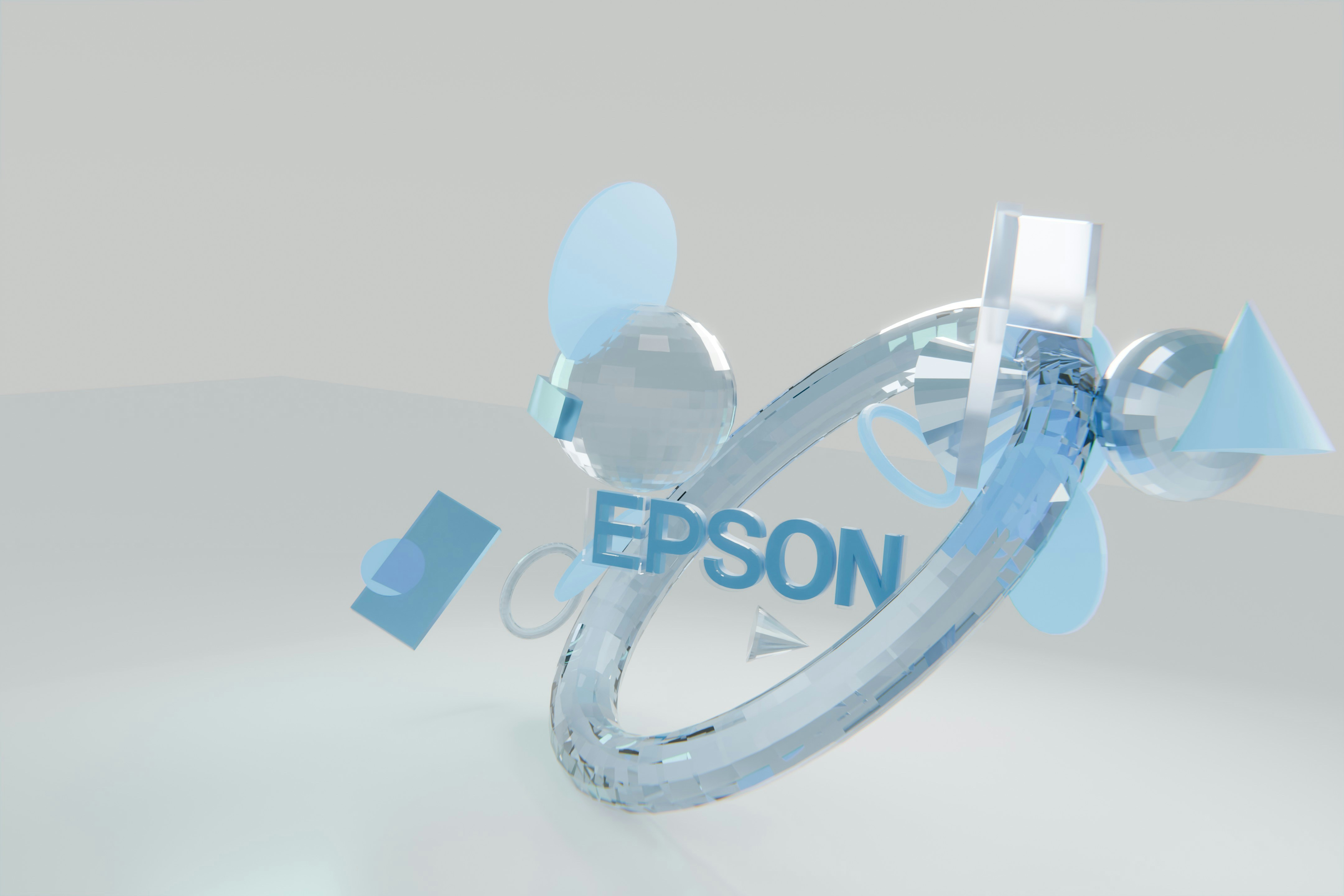 Epson text encircled by clear and blue abstract geometric elements.