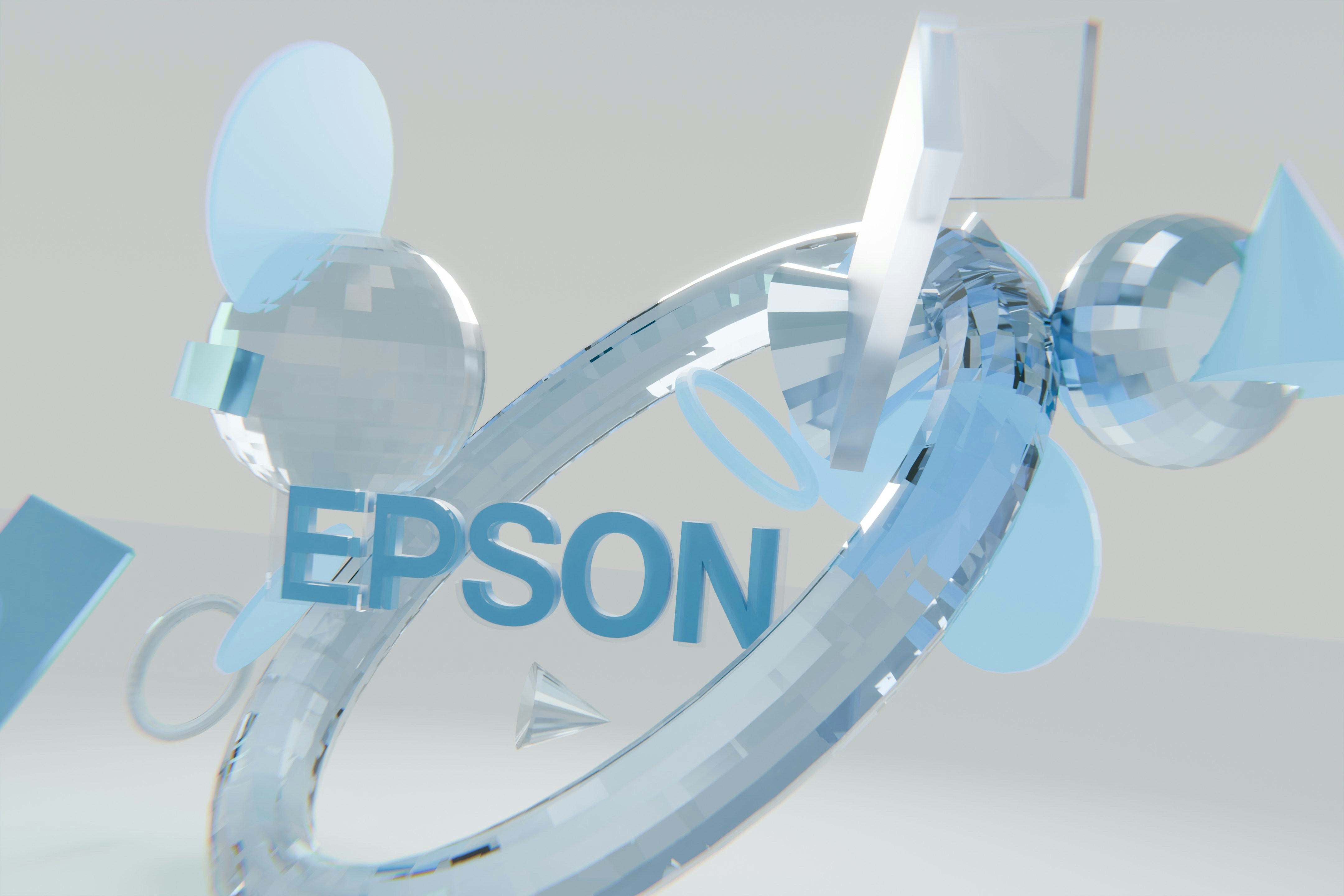 Epson text surrounded by abstract clear and blue geometric shapes.