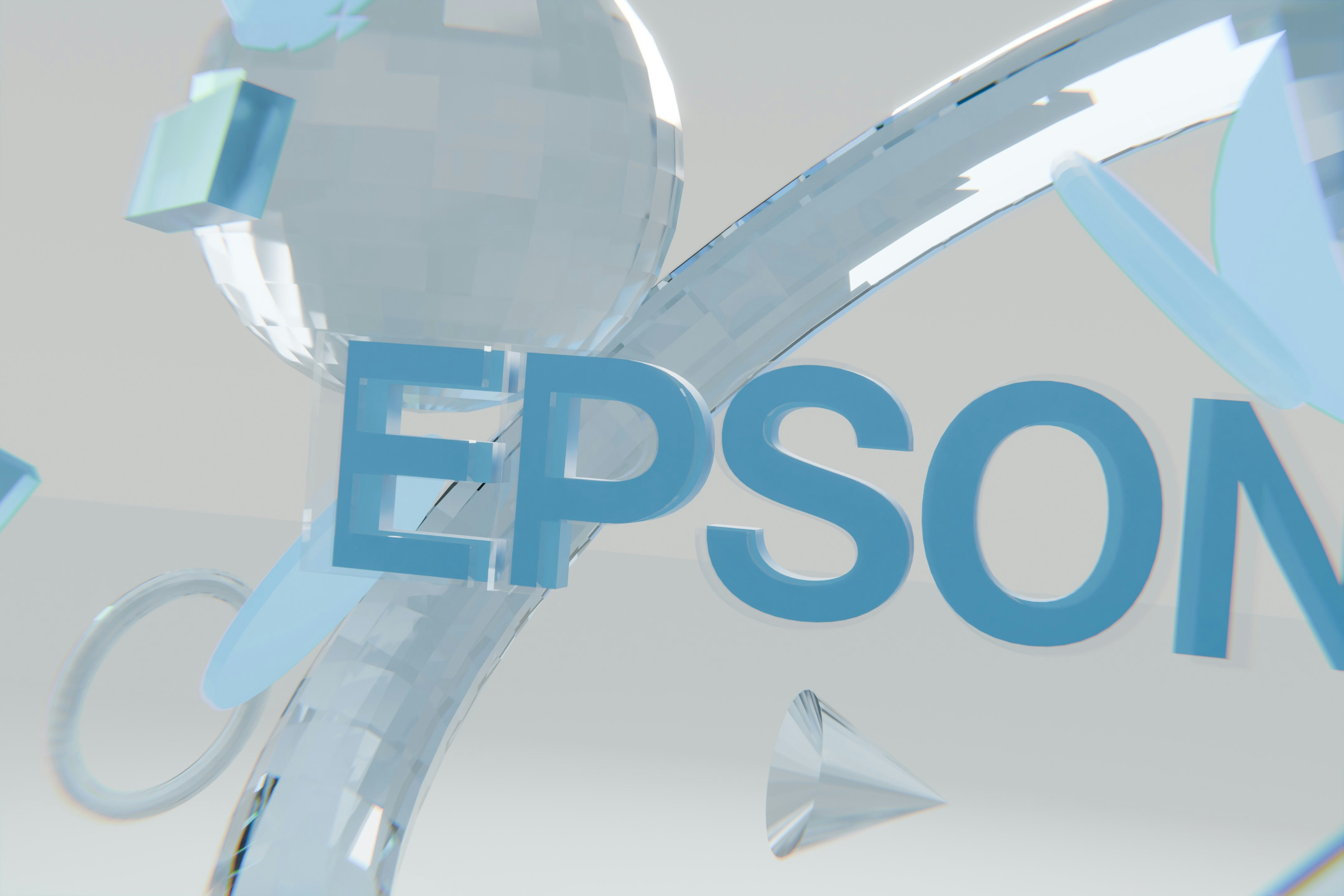 Abstract blue epson logo with translucent geometric shapes.