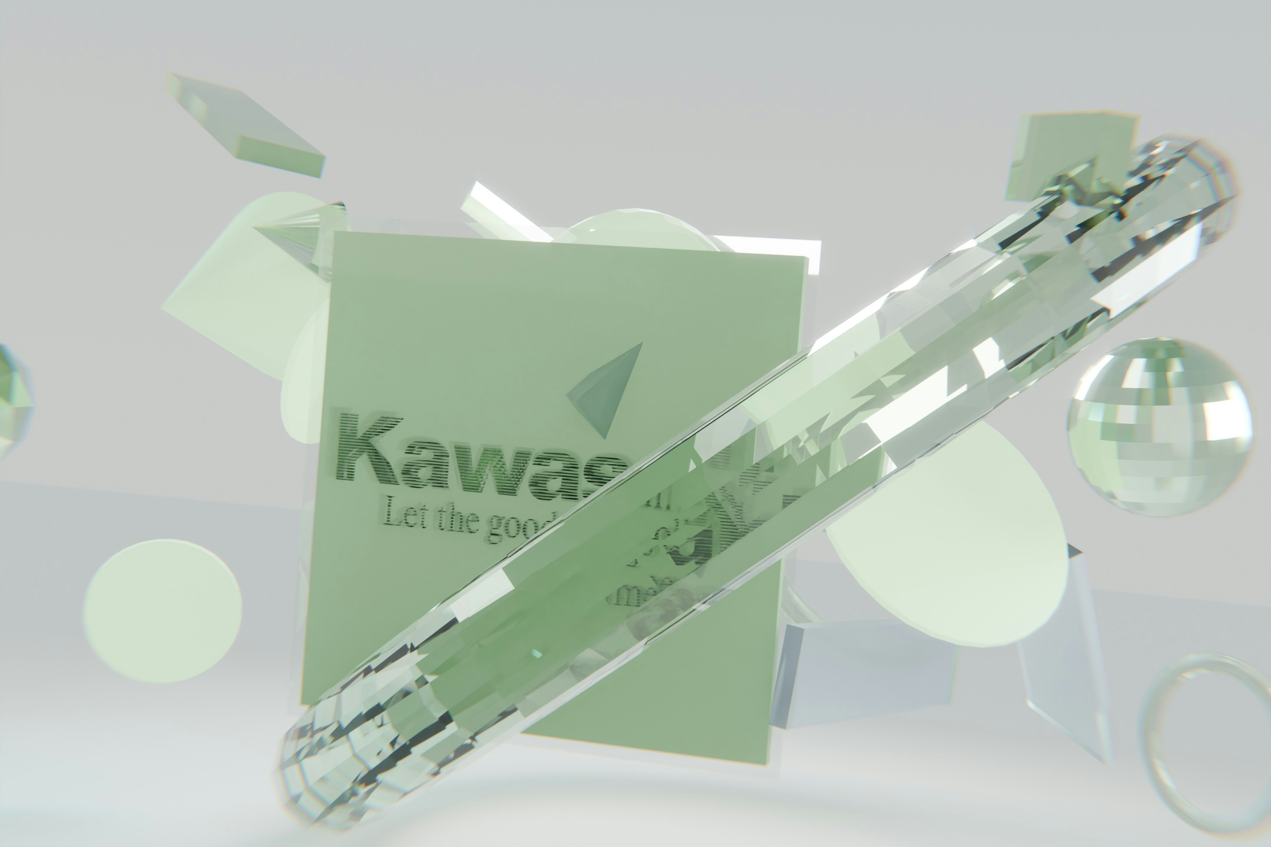 Logo Kawasaki su un rettangolo verde con forme geometriche trasparenti.