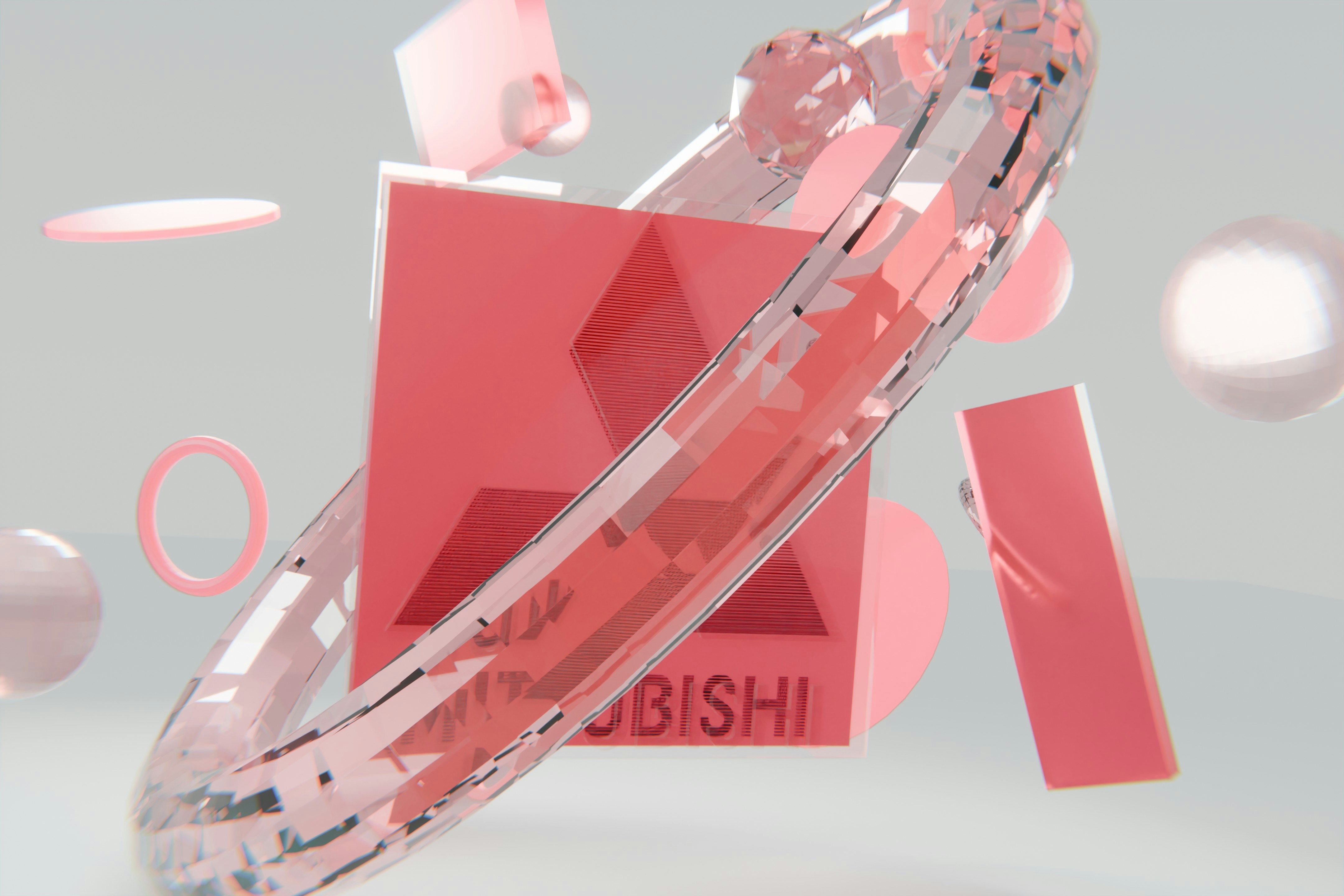 Mitsubishi logo on red cube with abstract pink geometric shapes.