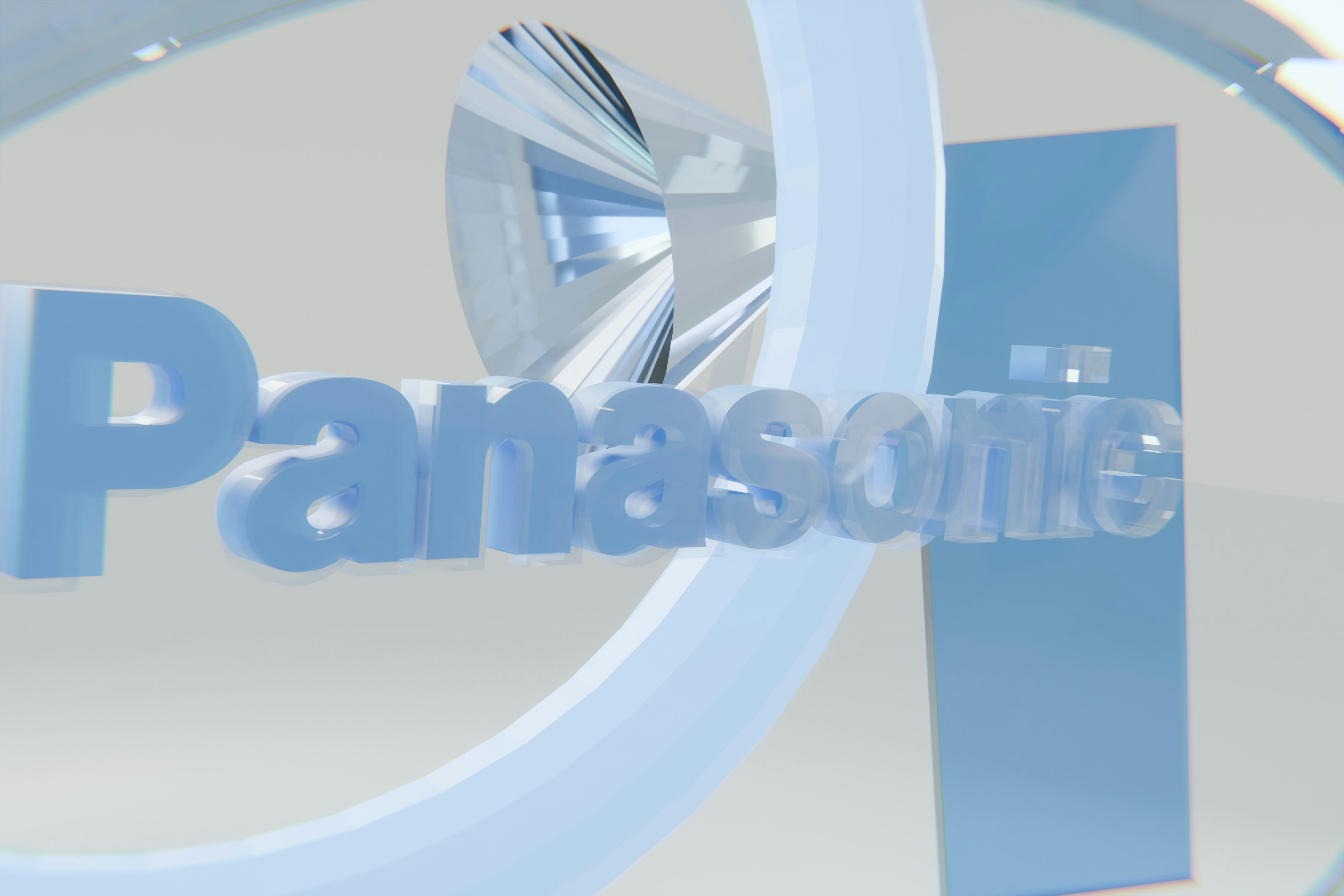 Reflective light blue panasonic logo within a circular design.