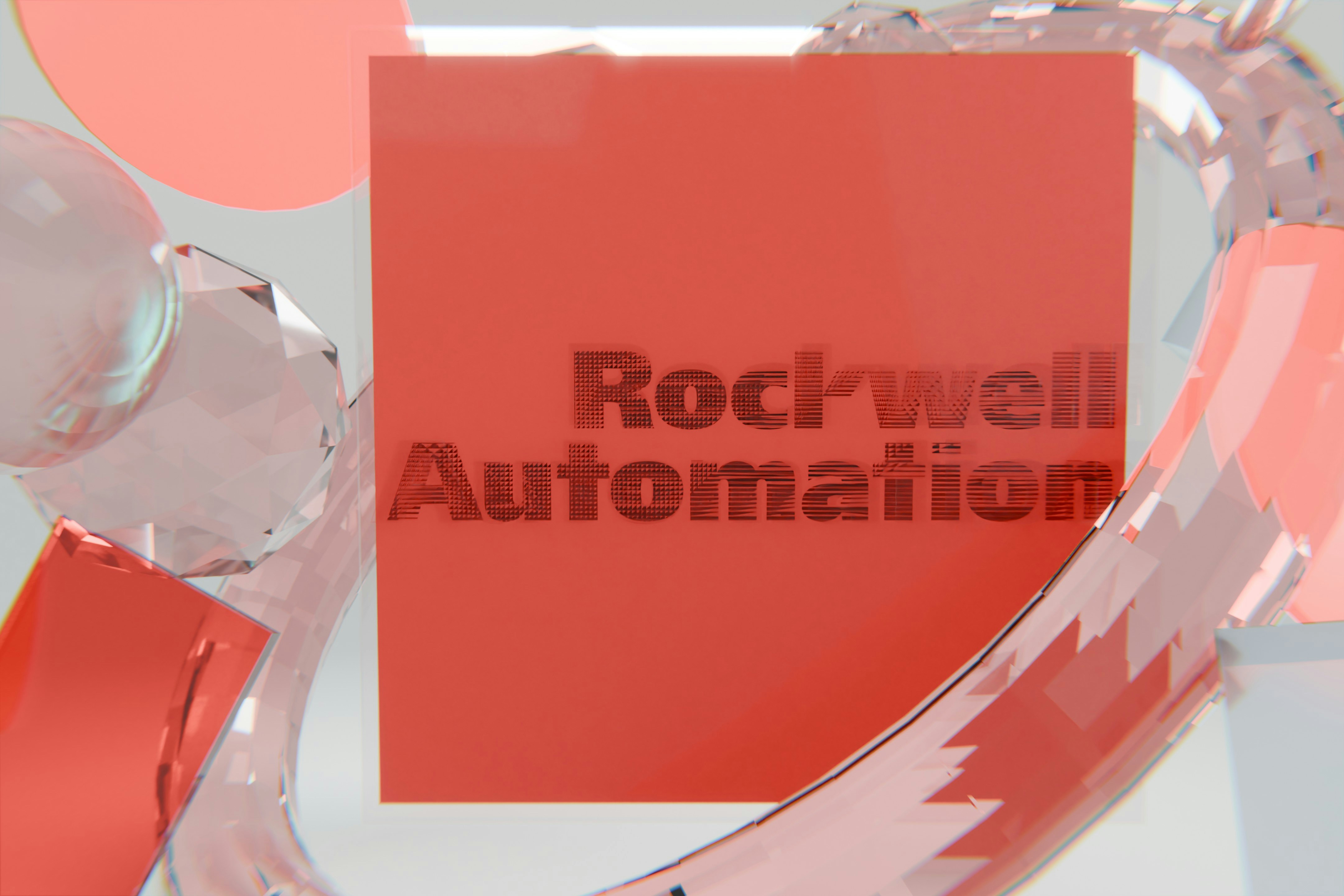 Rockwell automation logo on a red square with abstract shapes.