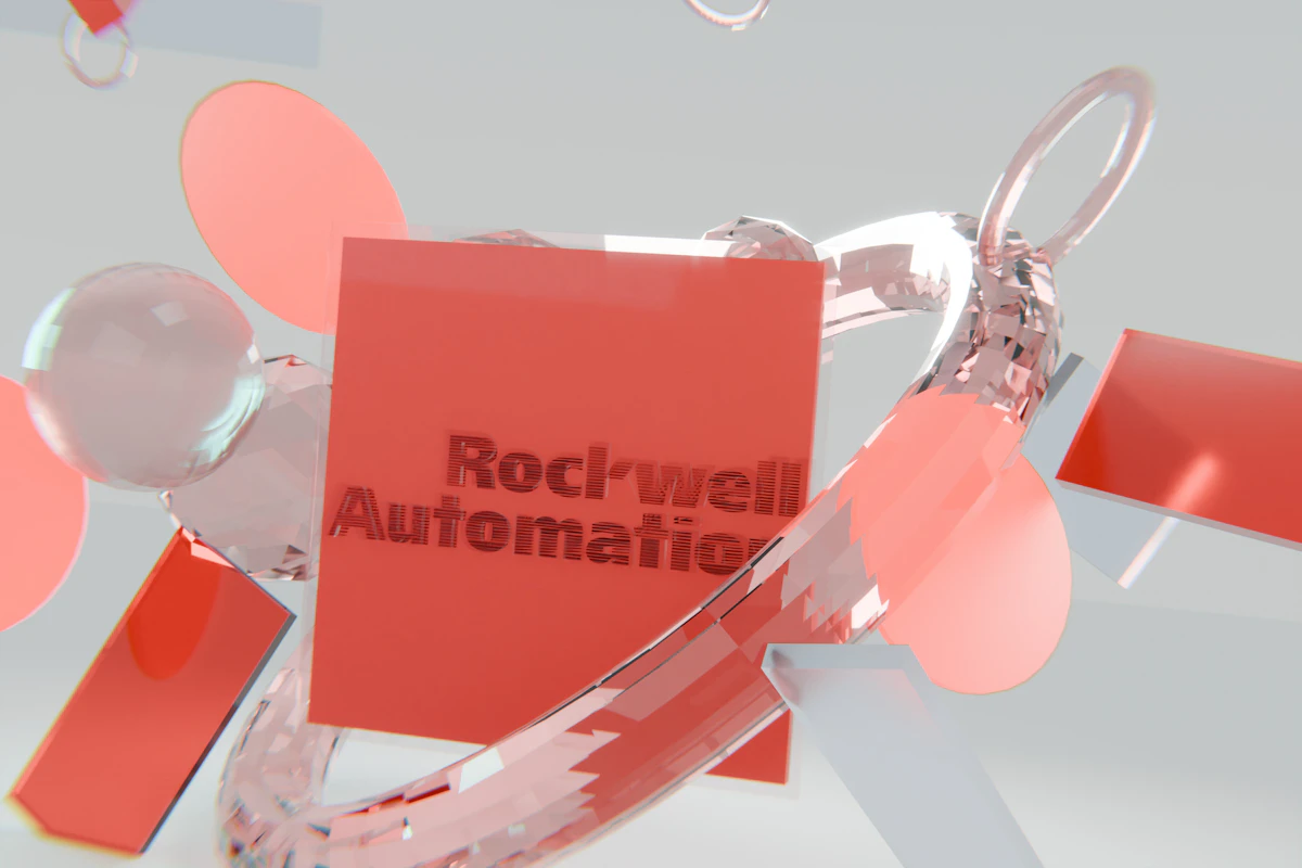 Rockwell automation logo on red square with abstract shapes