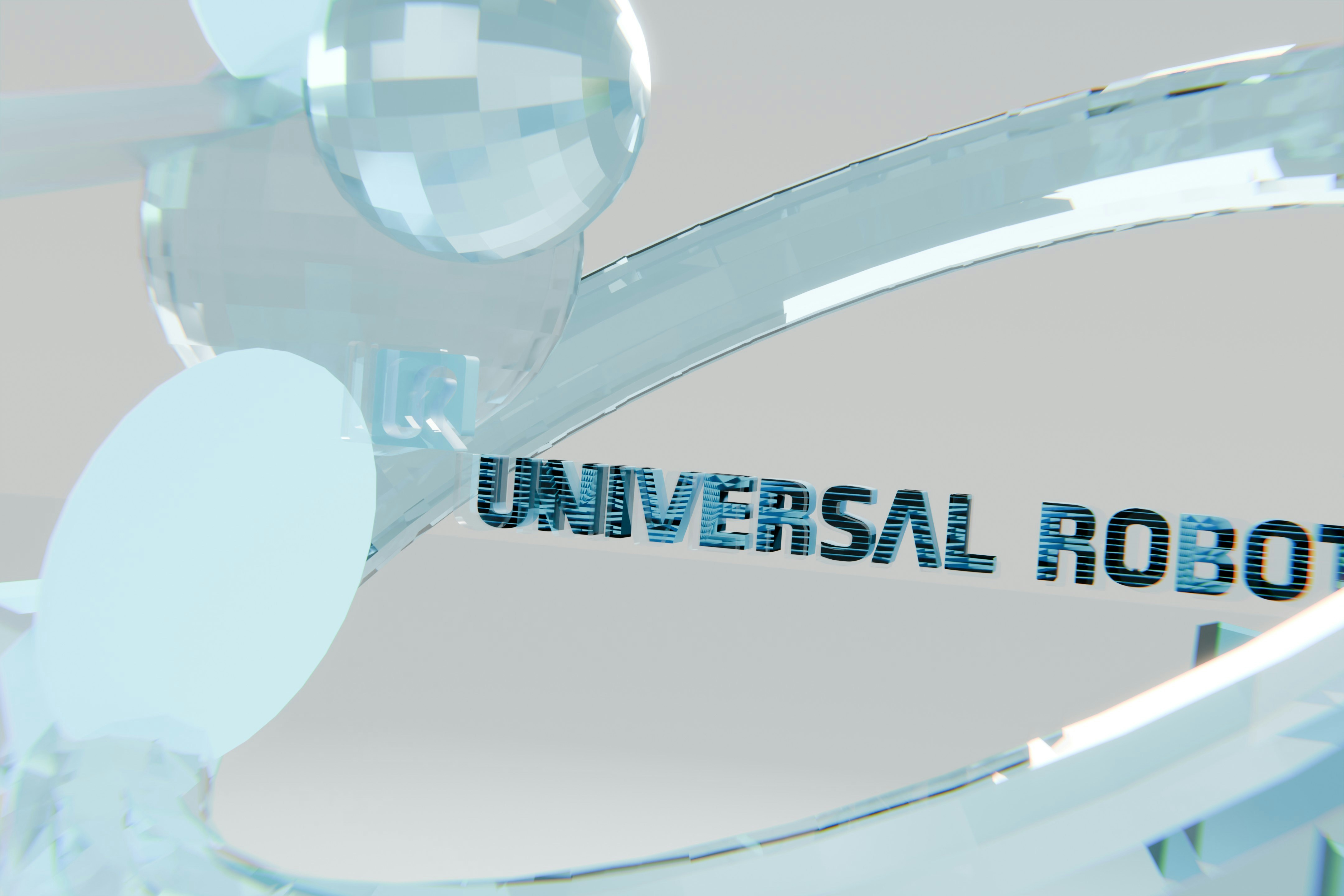 Universal robots text with abstract blue glass elements.