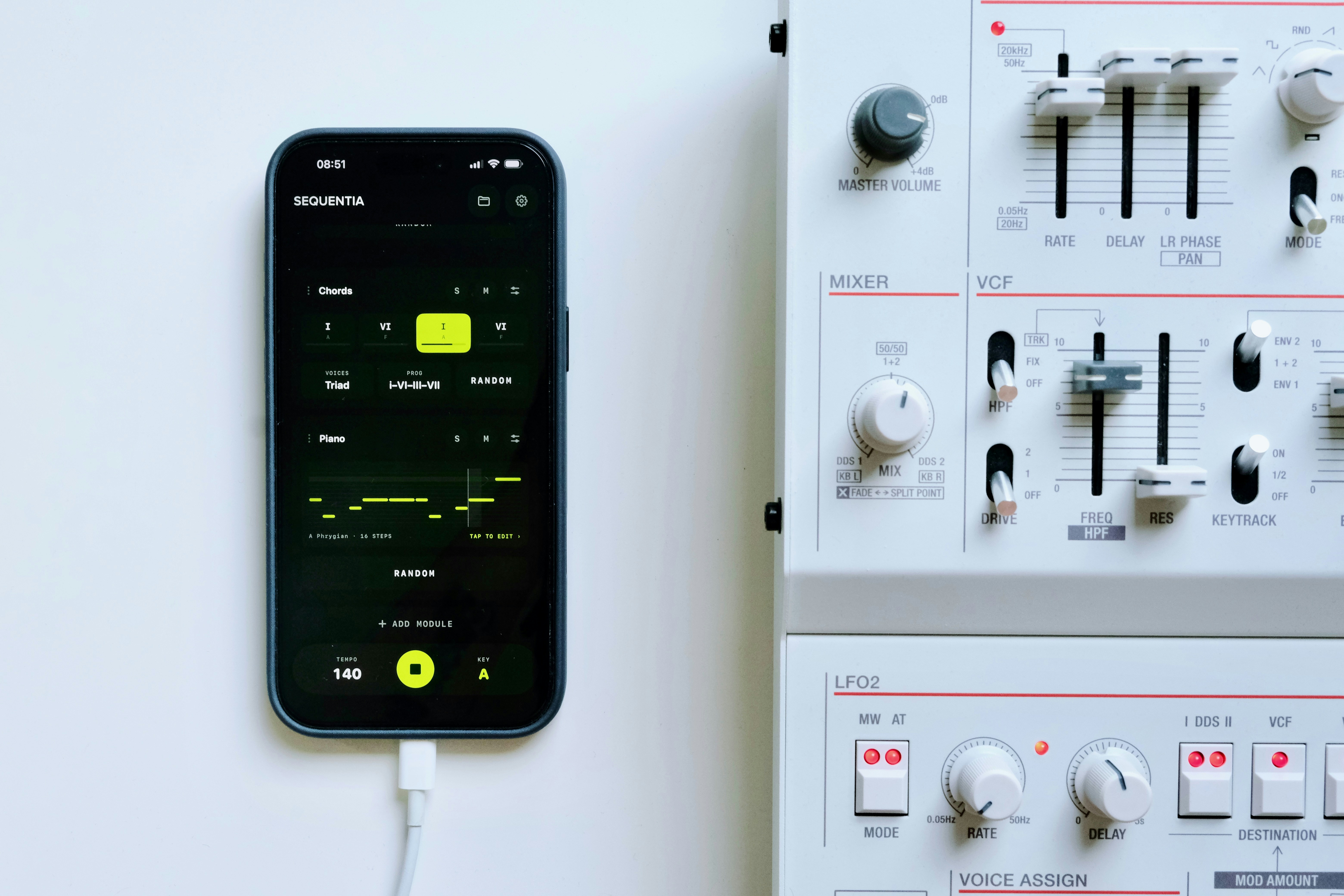 Smartphone displaying music app next to audio mixer.