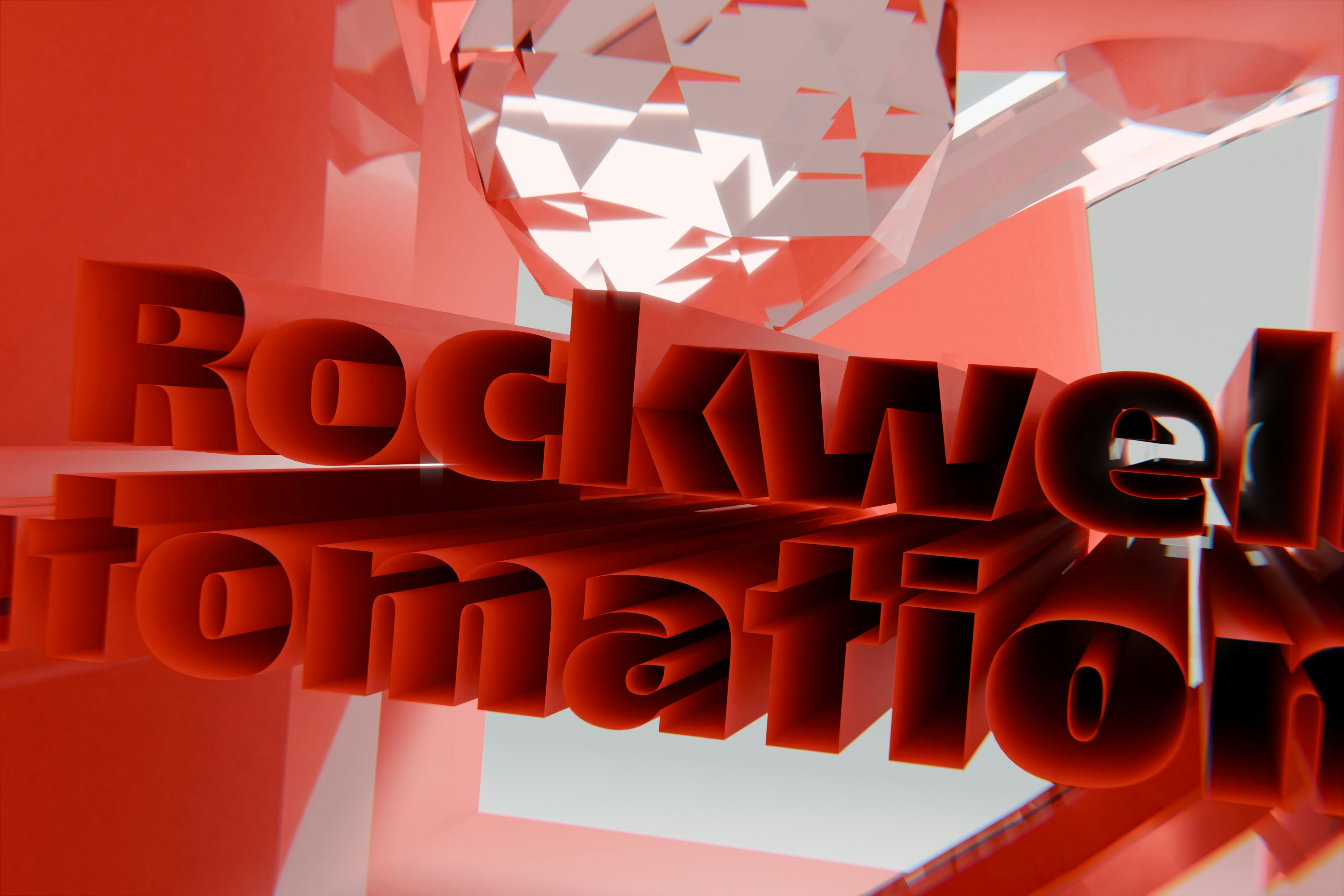 3D red 'rockwell automation' text with geometric shapes.