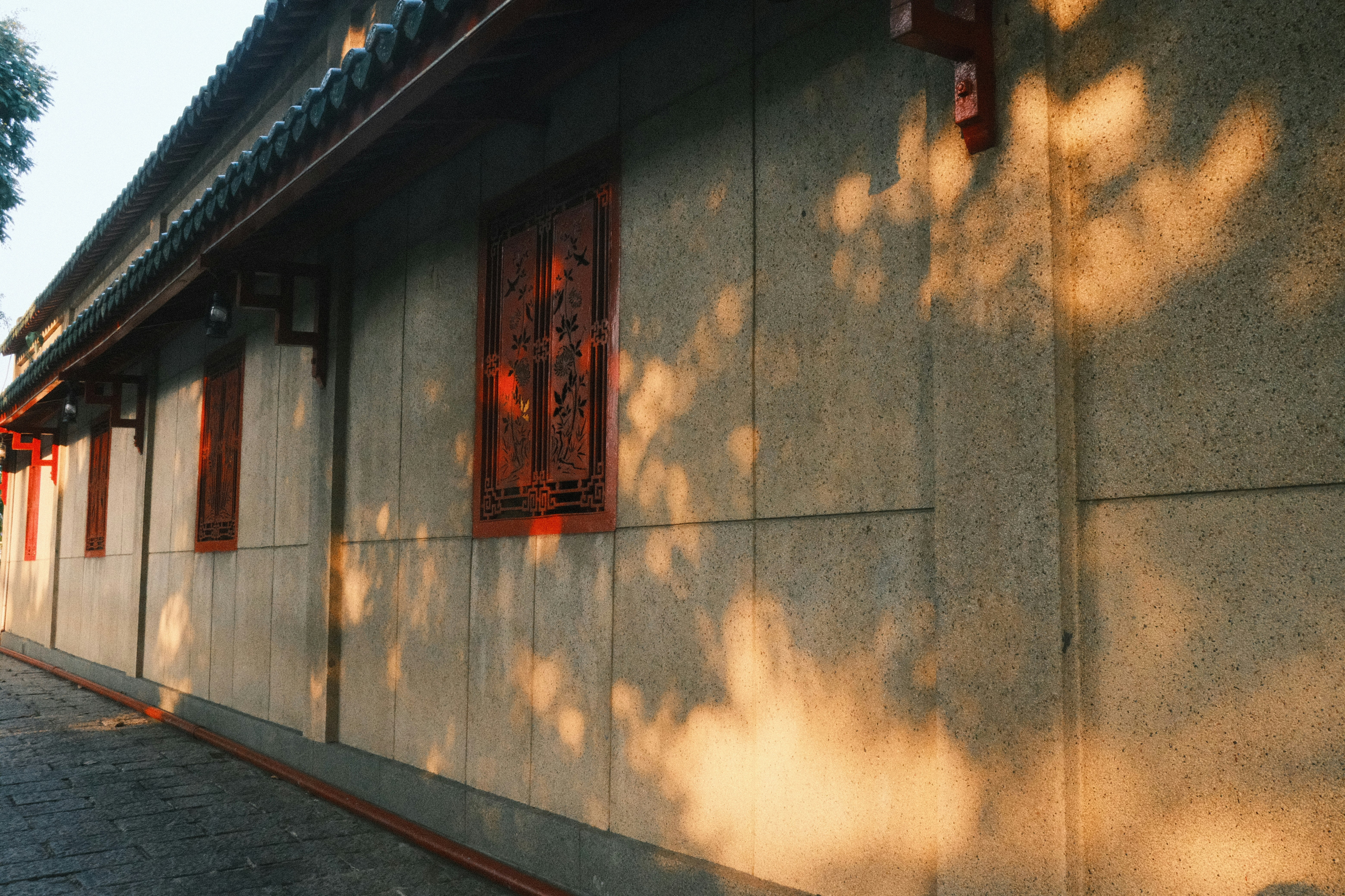 Warm sunlight creates dappled shadows on an old building wall.