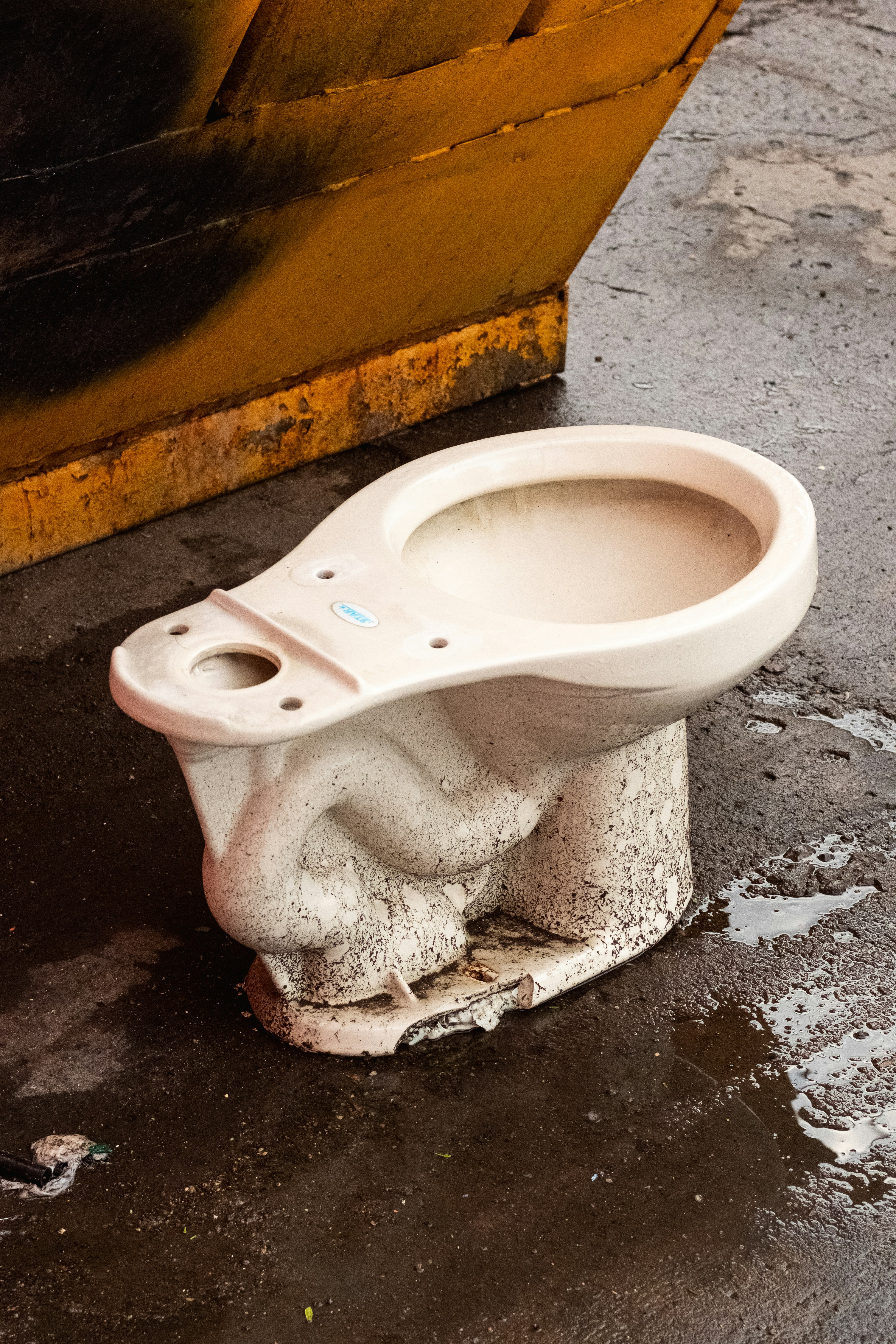Eine schmutzige, kaputte Toilettenschüssel steht auf nassem Boden.