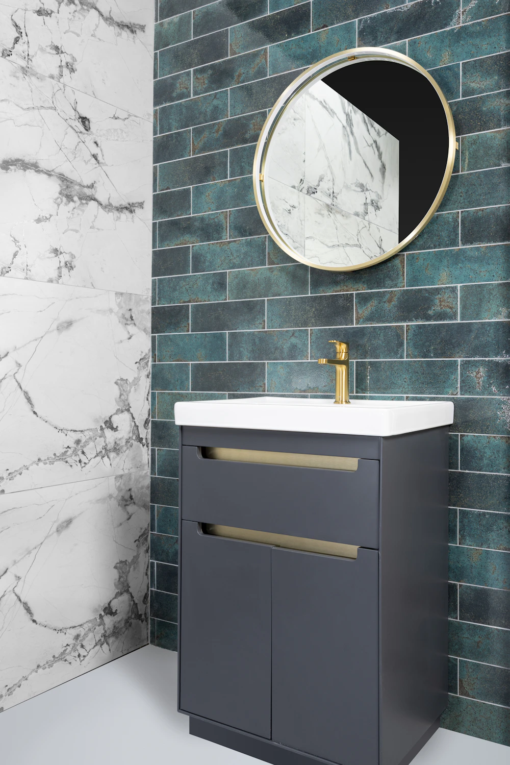 Modern bathroom vanity with marble-look wall tile