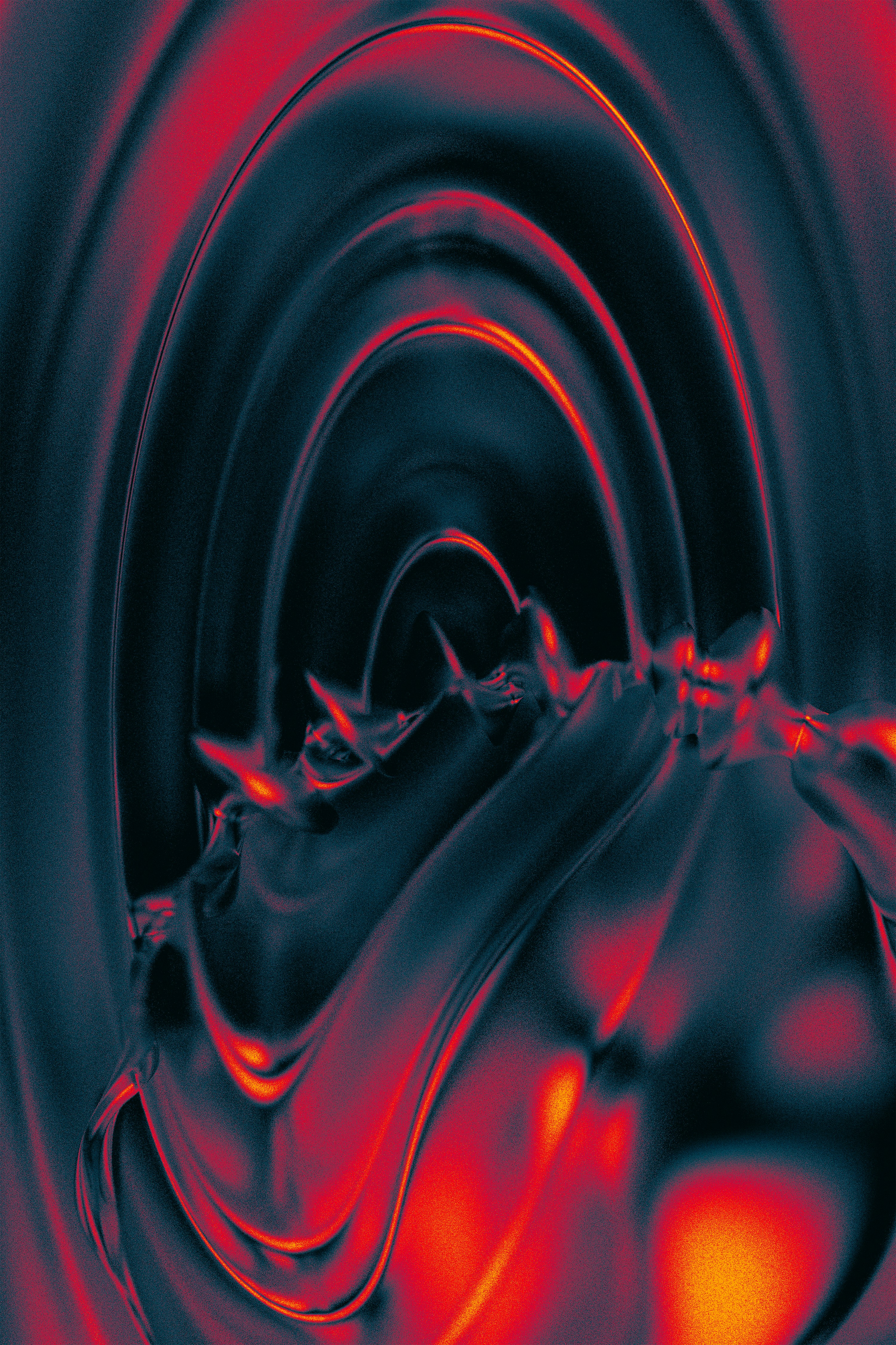 Experimental abstract art with glowing red and blue ripples