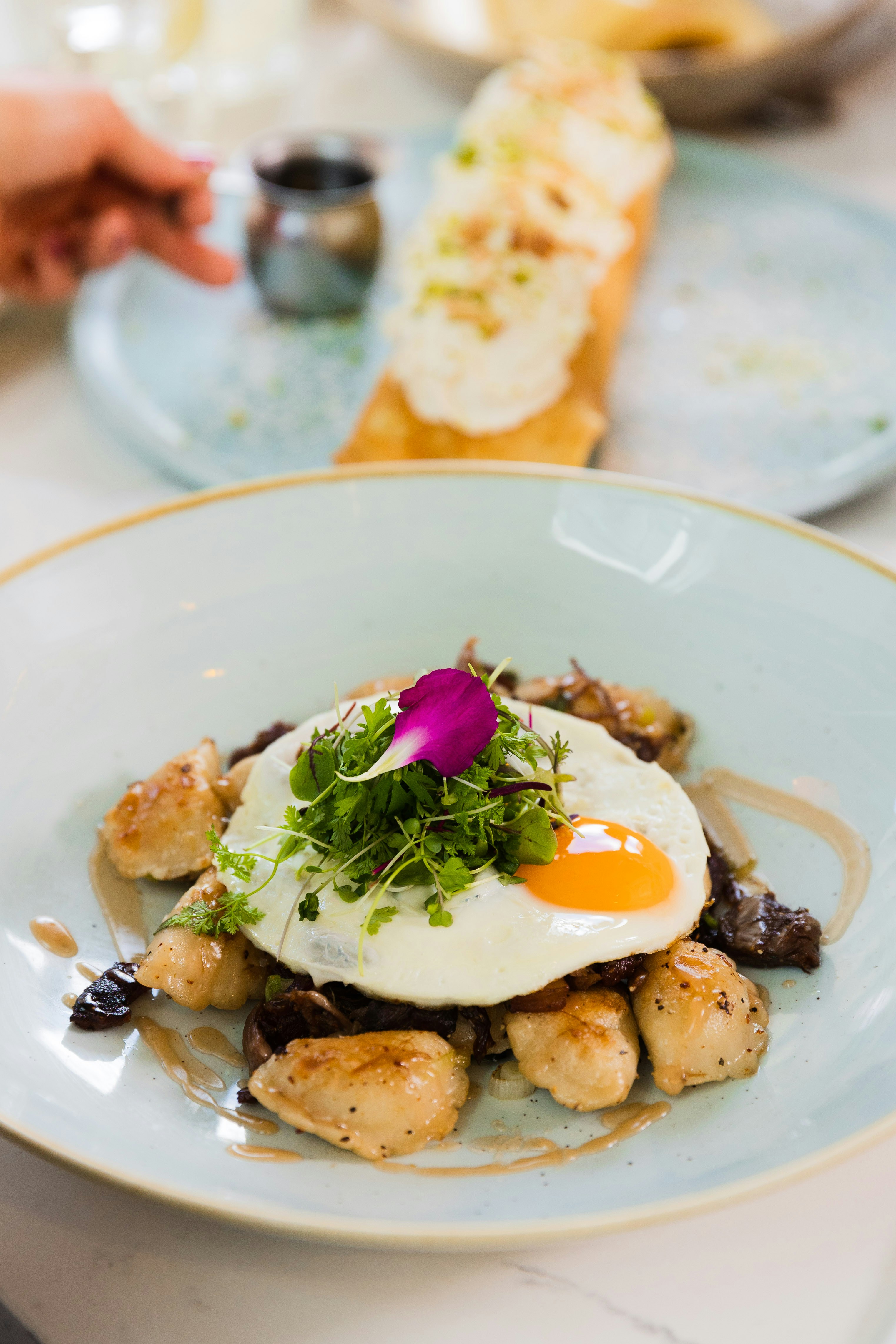 Gnocchis et champignons garnis d’œufs au plat et de micropousses