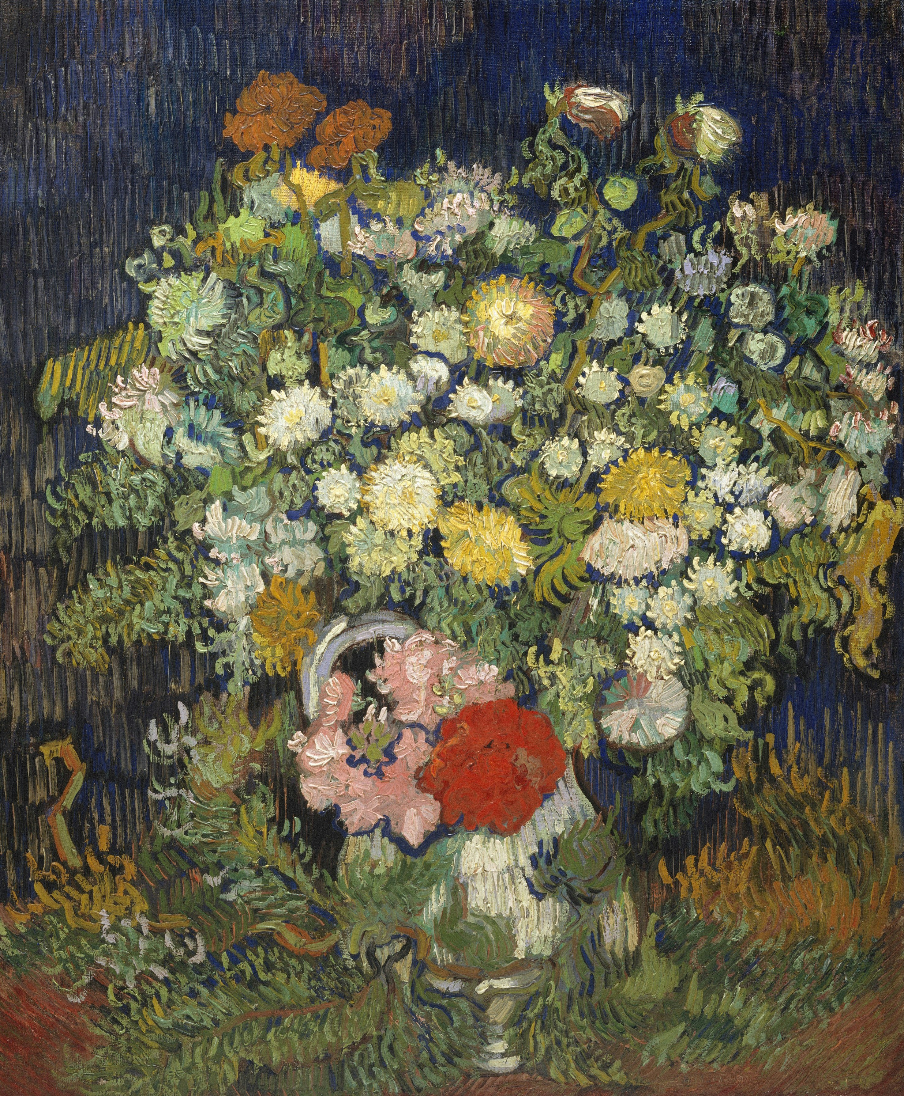A painted bouquet of colorful flowers in a white vase.