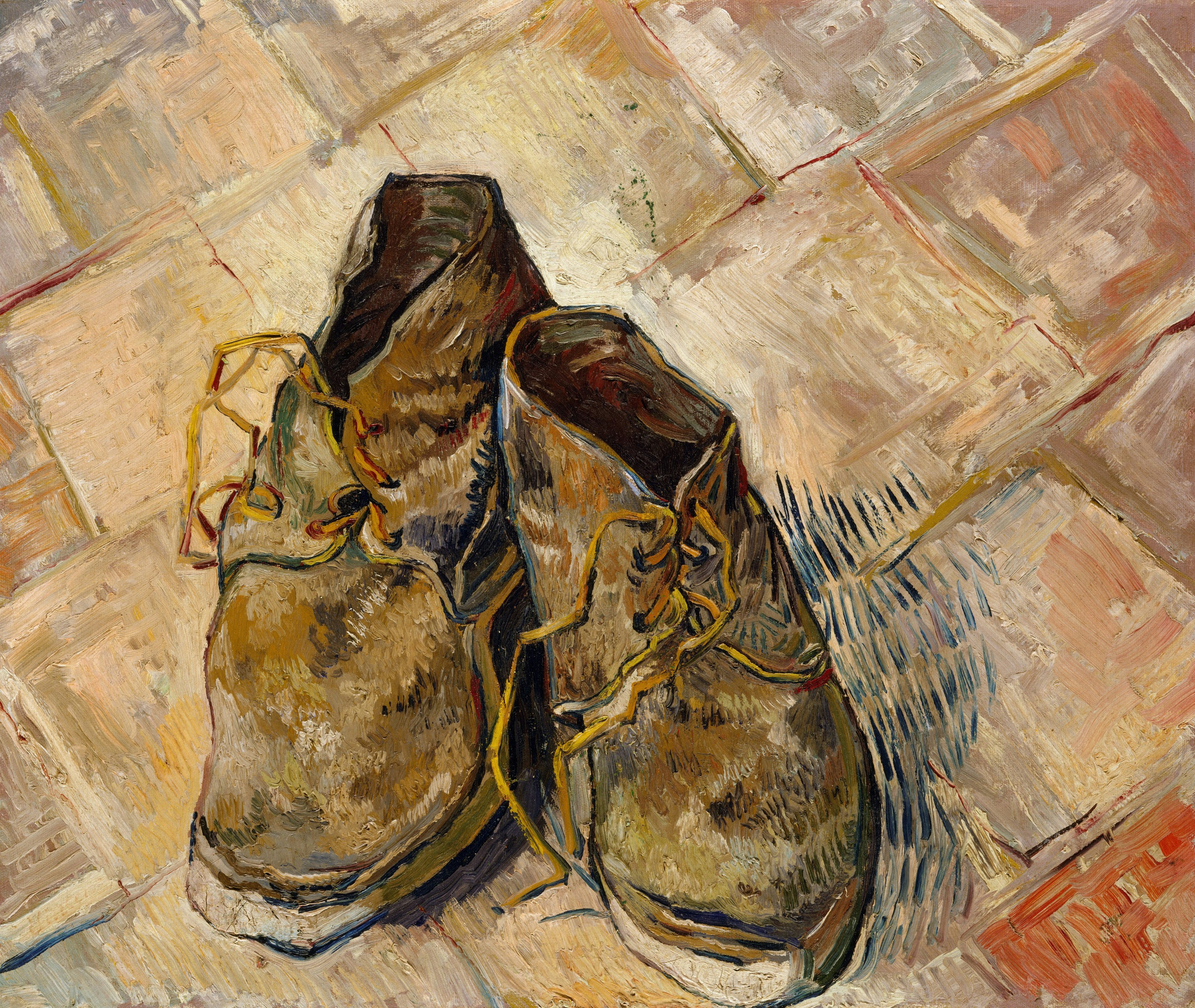 A painting of old, worn-out shoes on a textured background