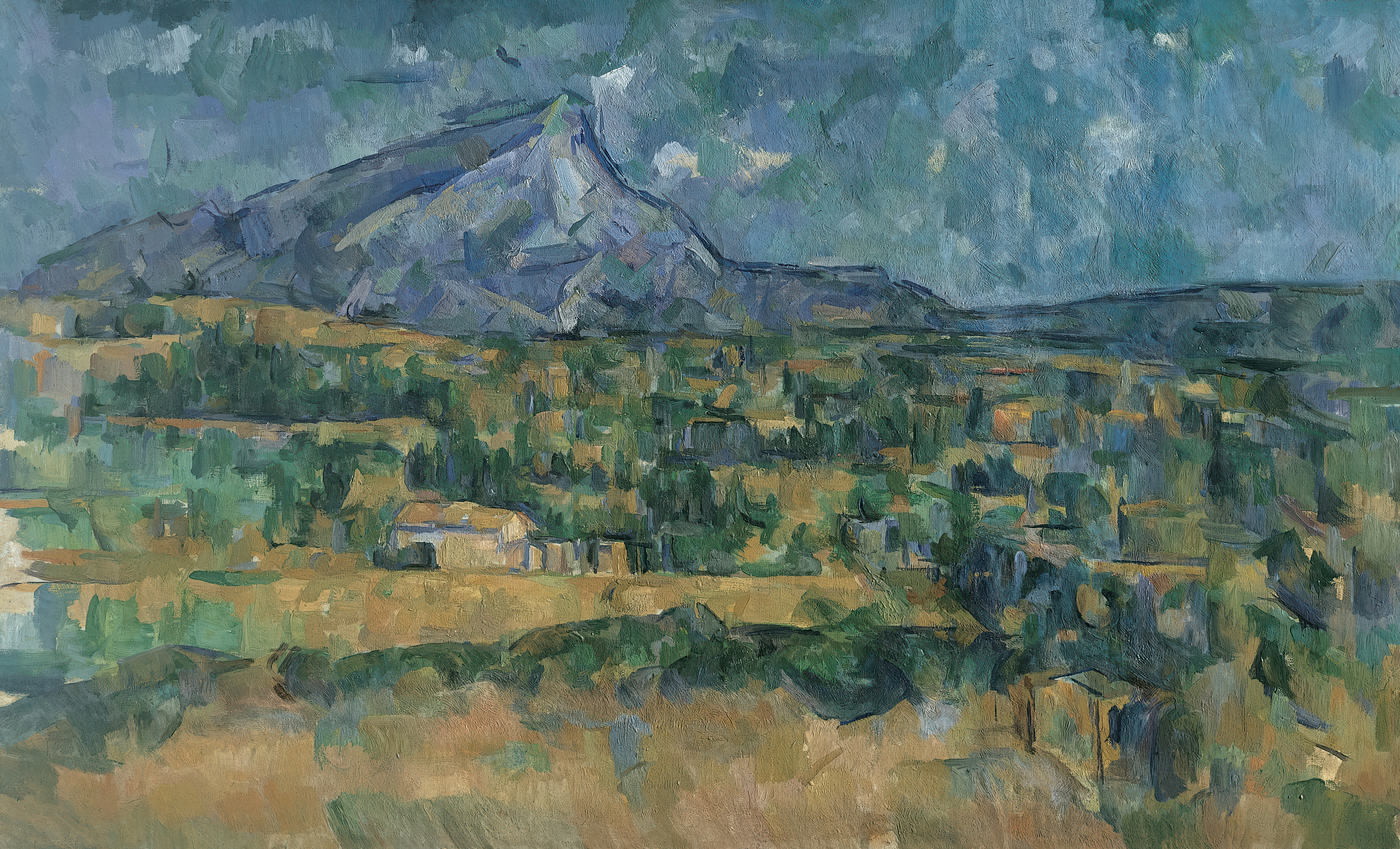A painting of mont sainte-victoire with trees and fields.