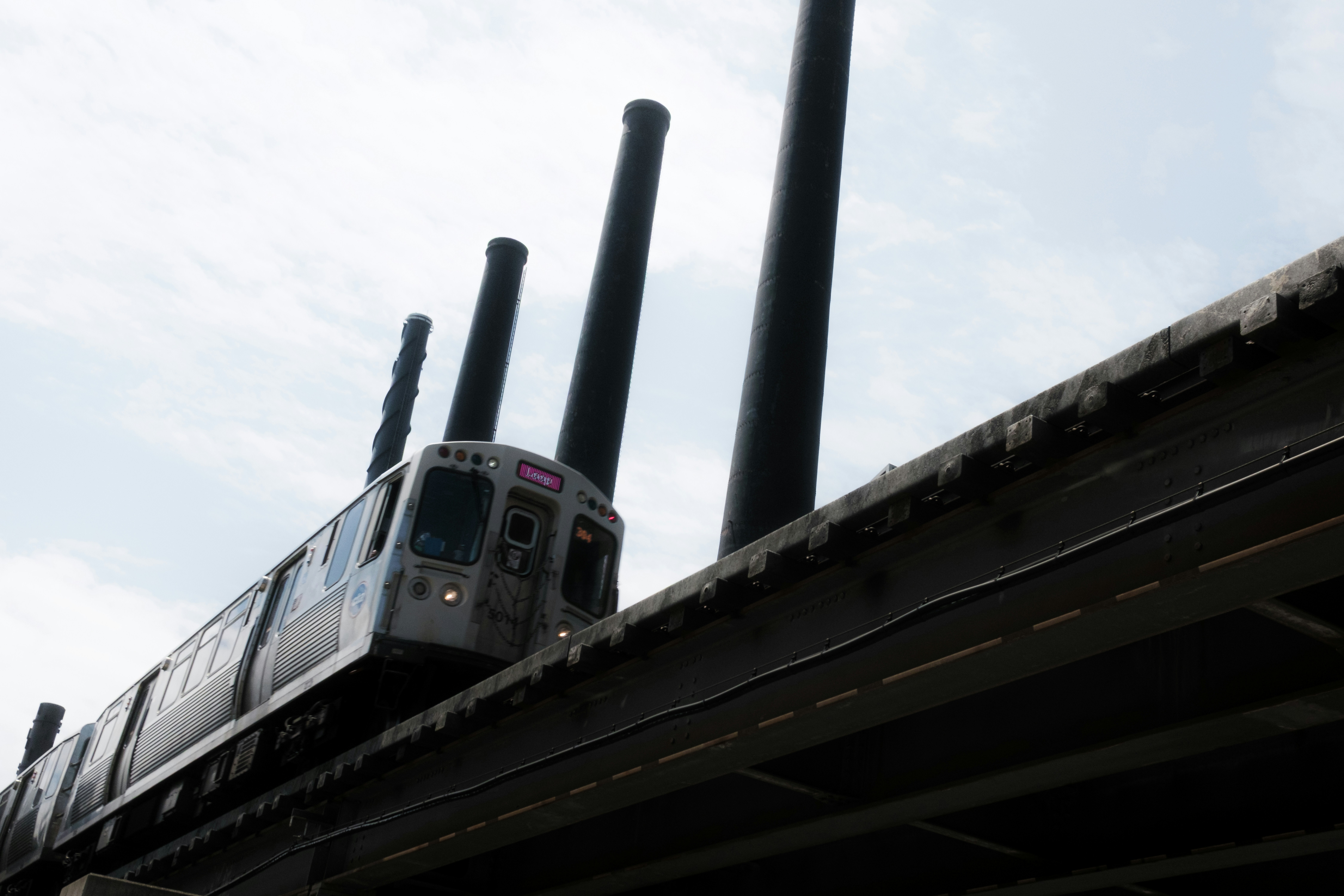 Un treno su un binario sopraelevato con alti pilastri.